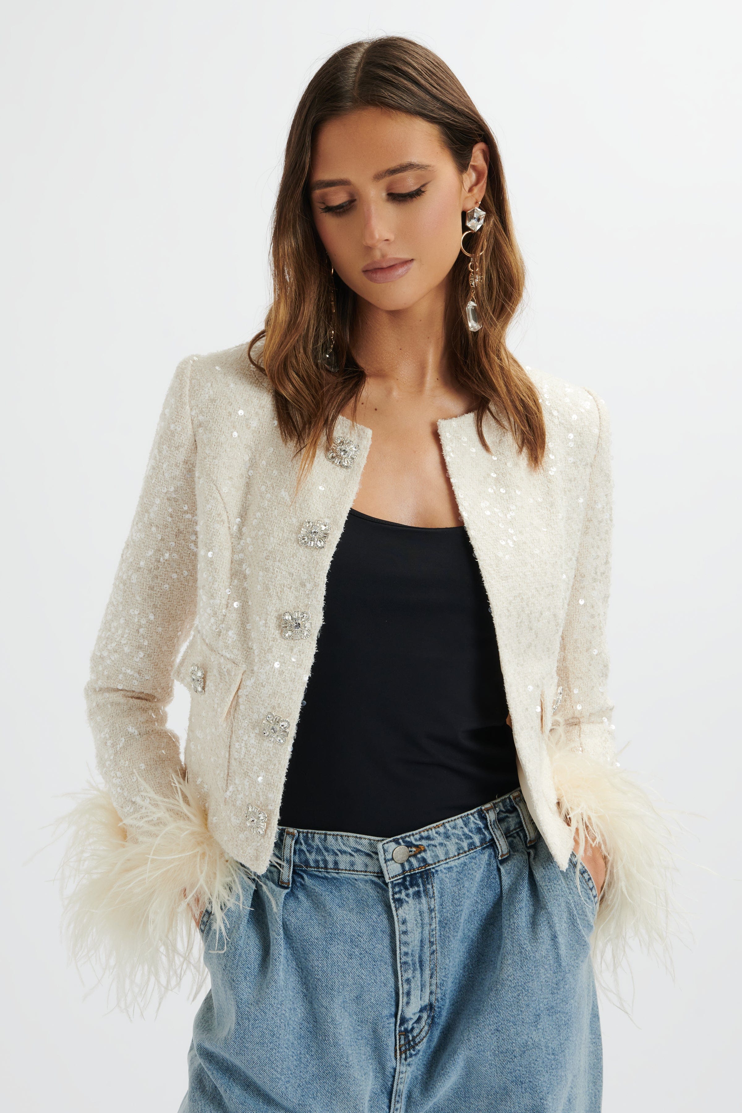 LARIA Sequin Boucle Cropped Jacket with Feather Cuffs In Beige