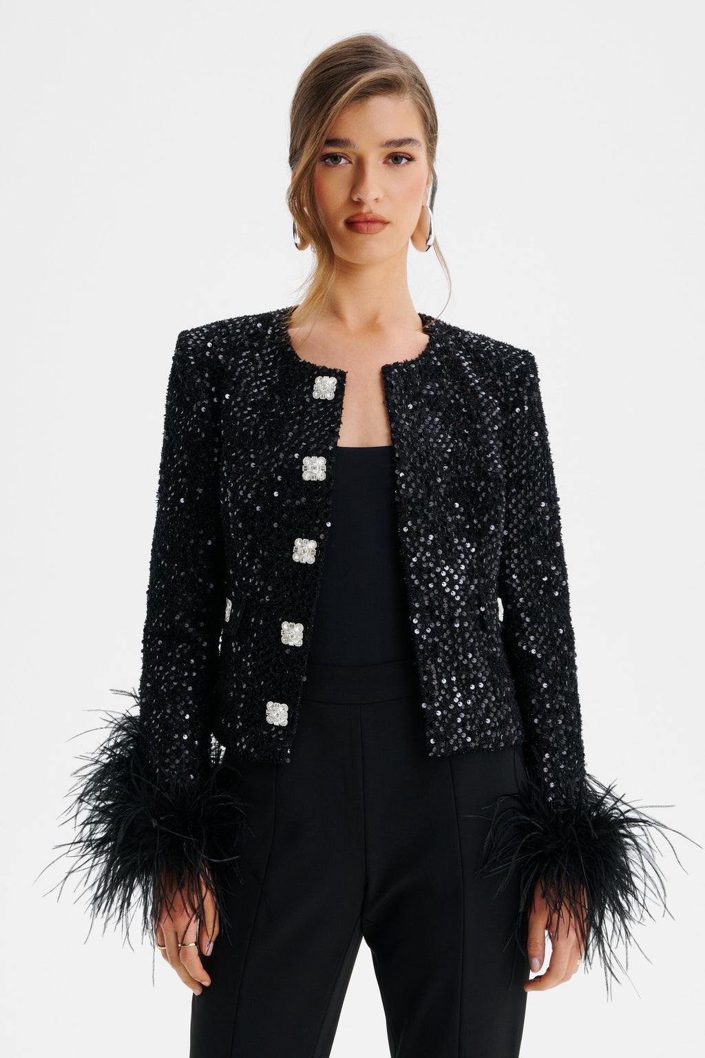 LARIA Sequin Boucle Jacket Feather Cuffs