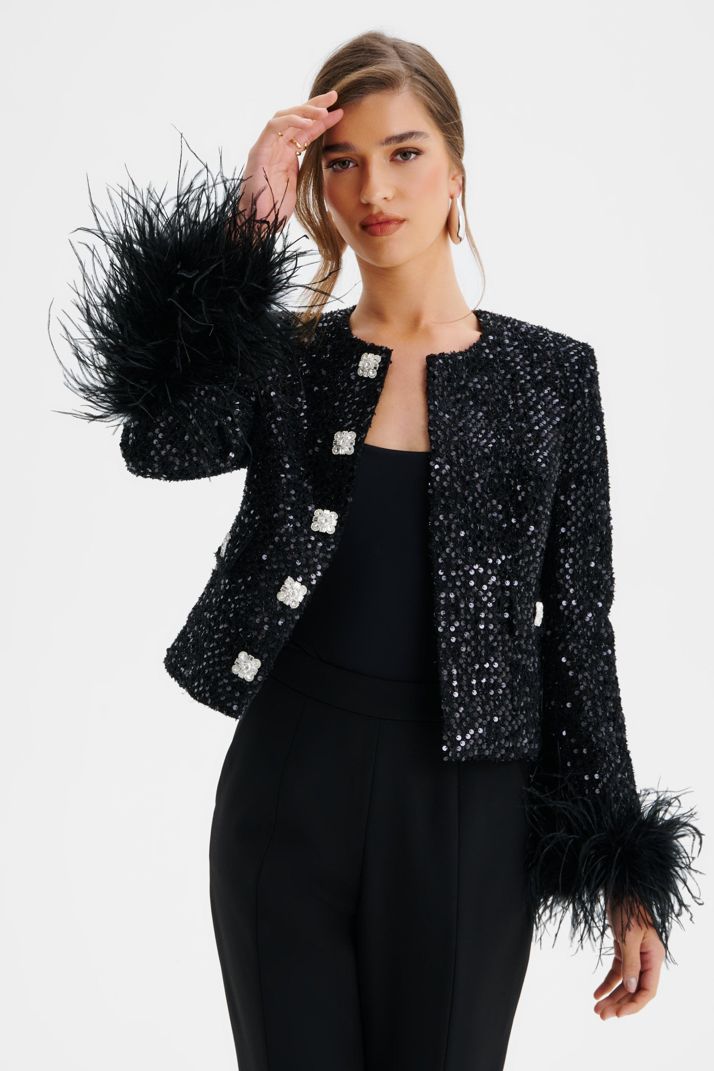 LARIA Sequin Boucle Jacket with Feather Cuffs in Black