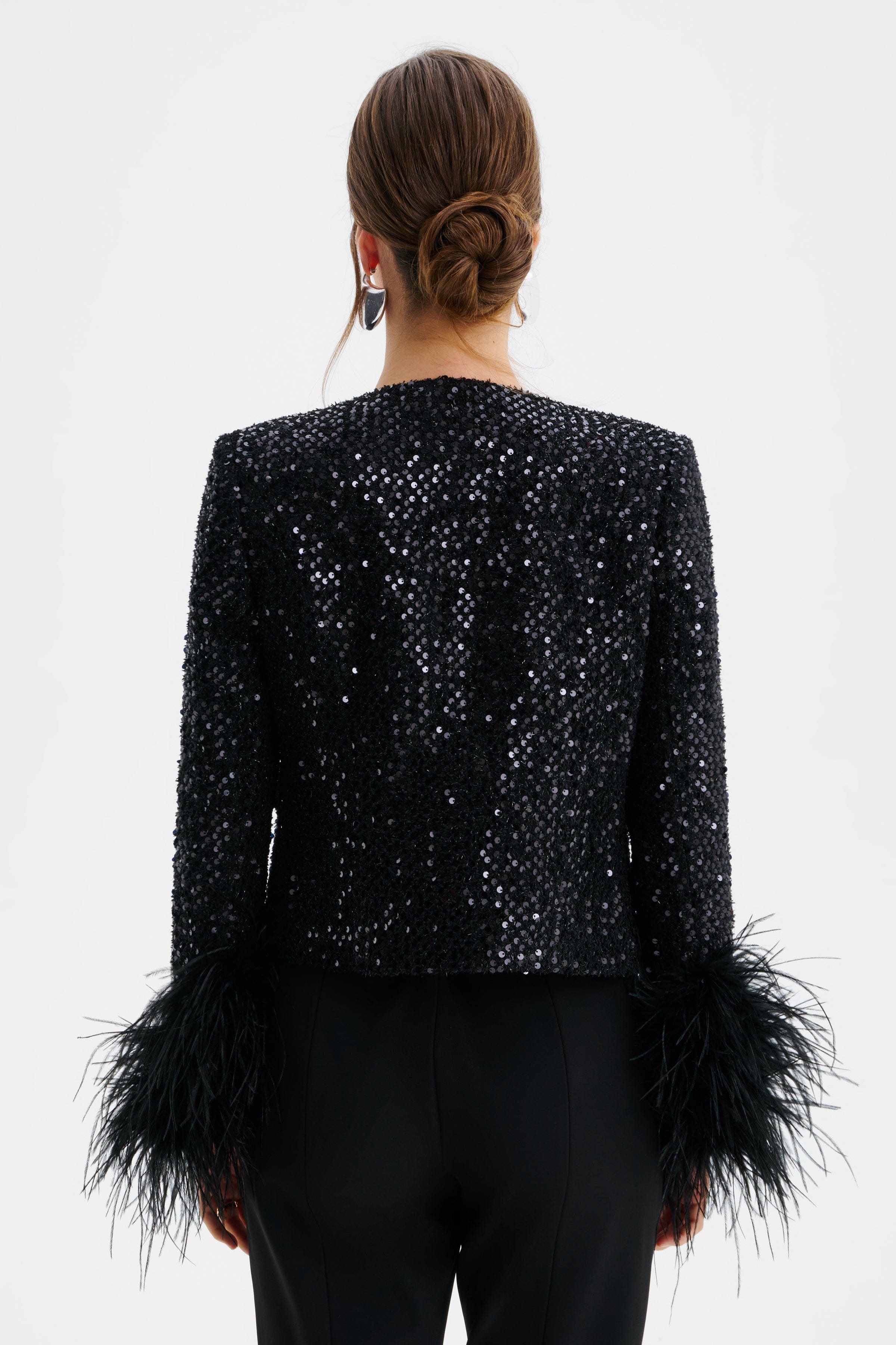 LARIA Sequin Boucle Jacket with Feather Cuffs in Black