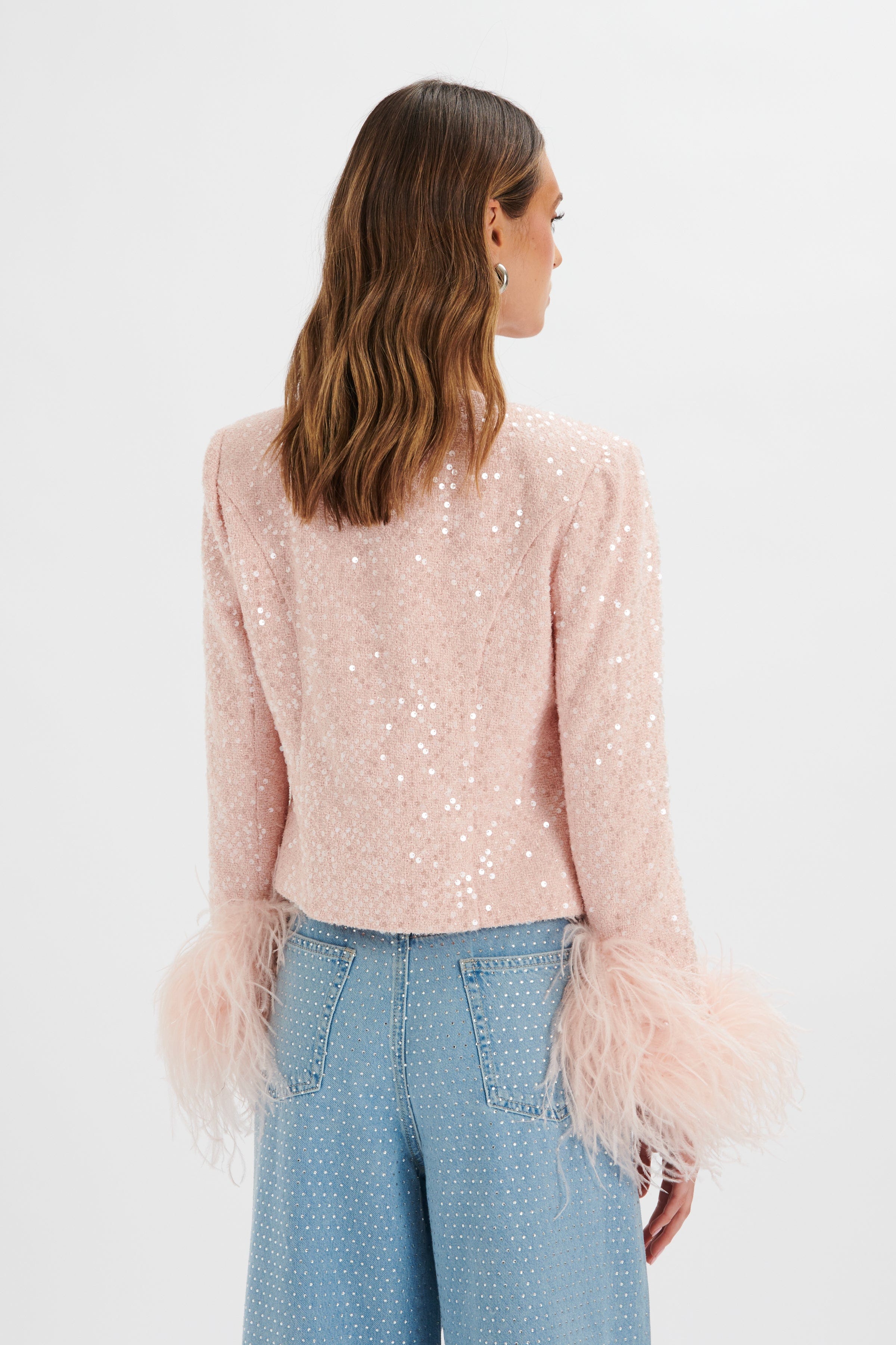LARIA Sequin Boucle Jacket with Feather Cuffs in Pink