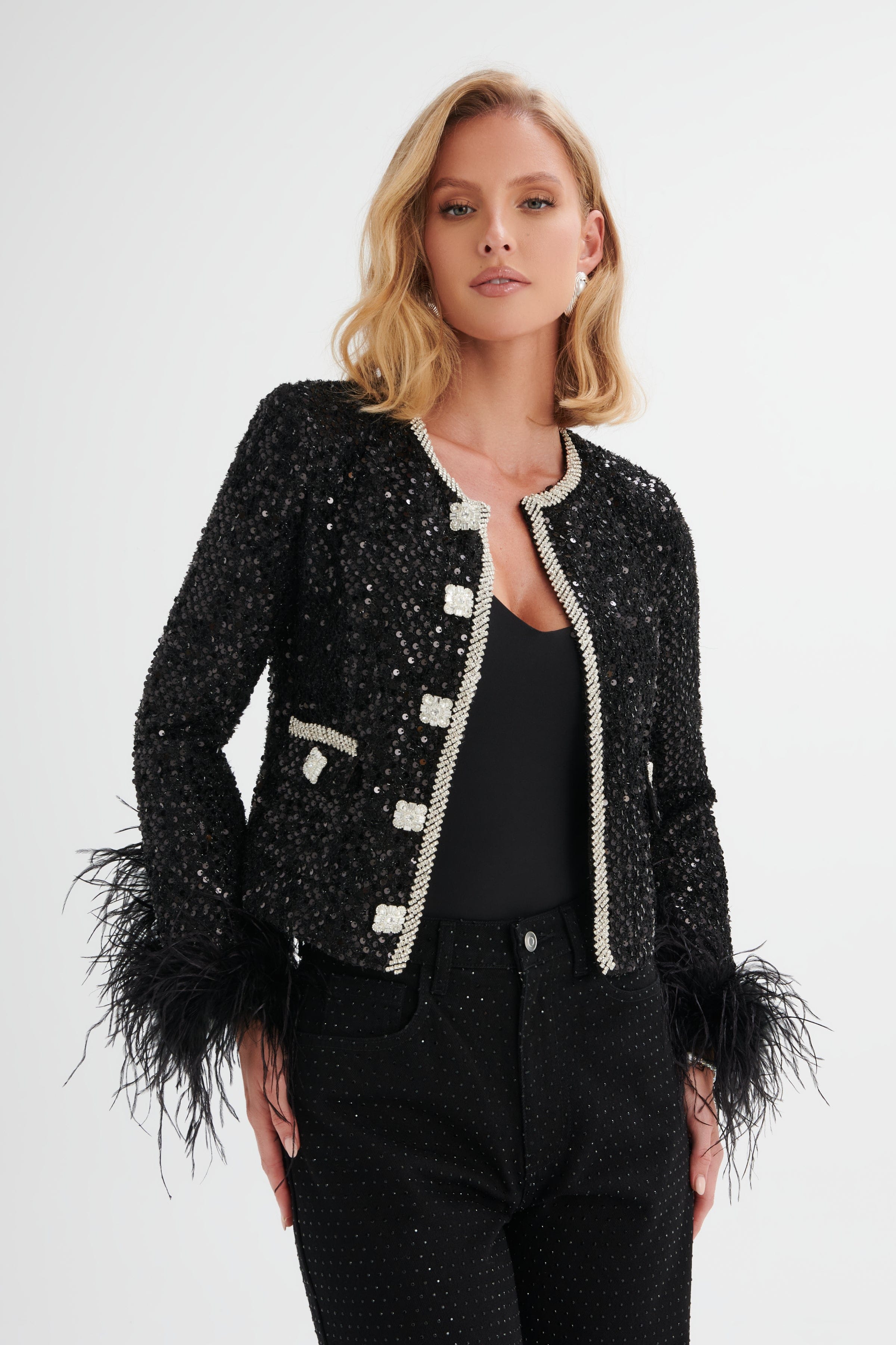 LOLA Sequin Boucle Jacket with Feather Cuffs in Black