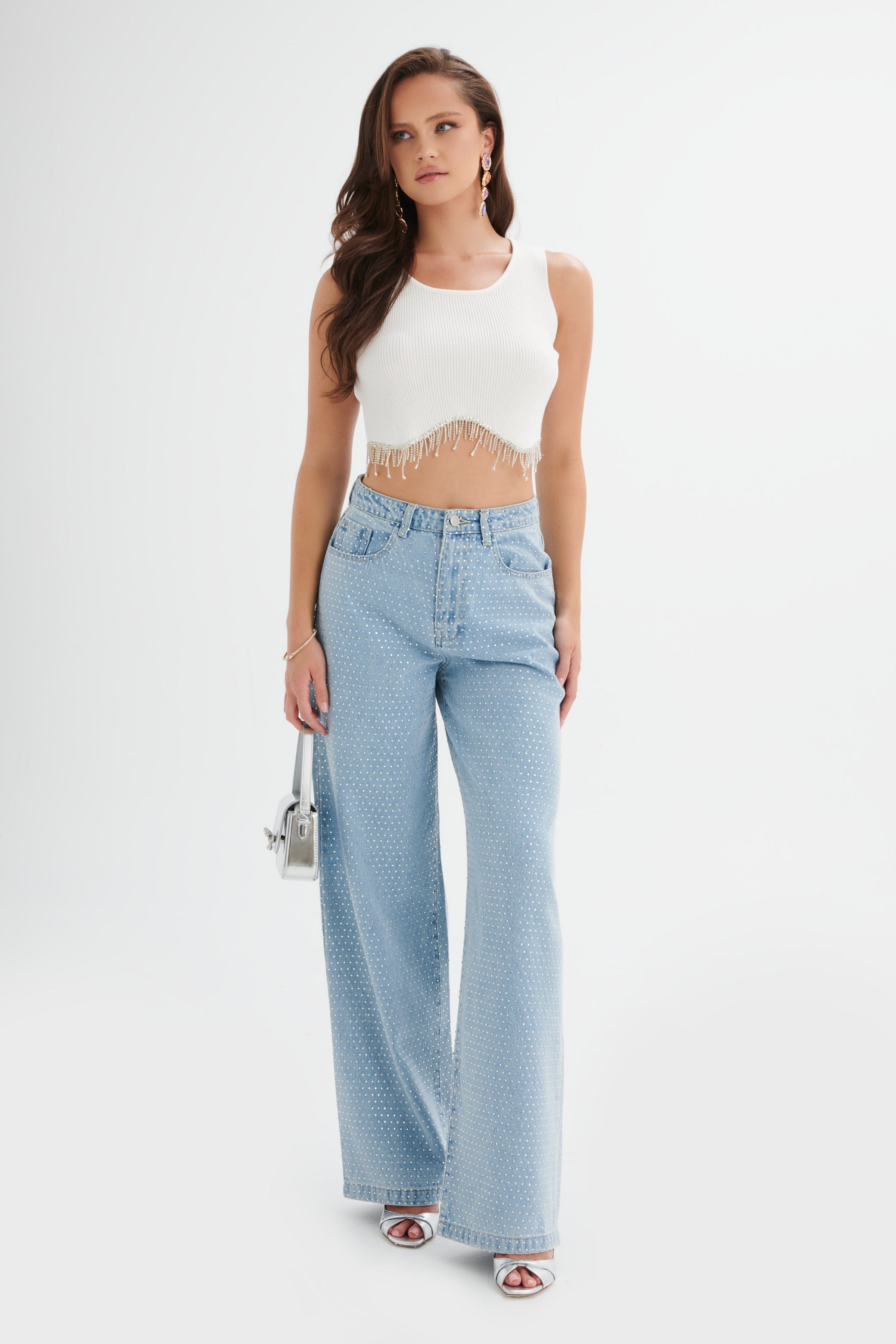 LILLIE Crystal Embellished Straight Leg Denim Jeans in Light Blue