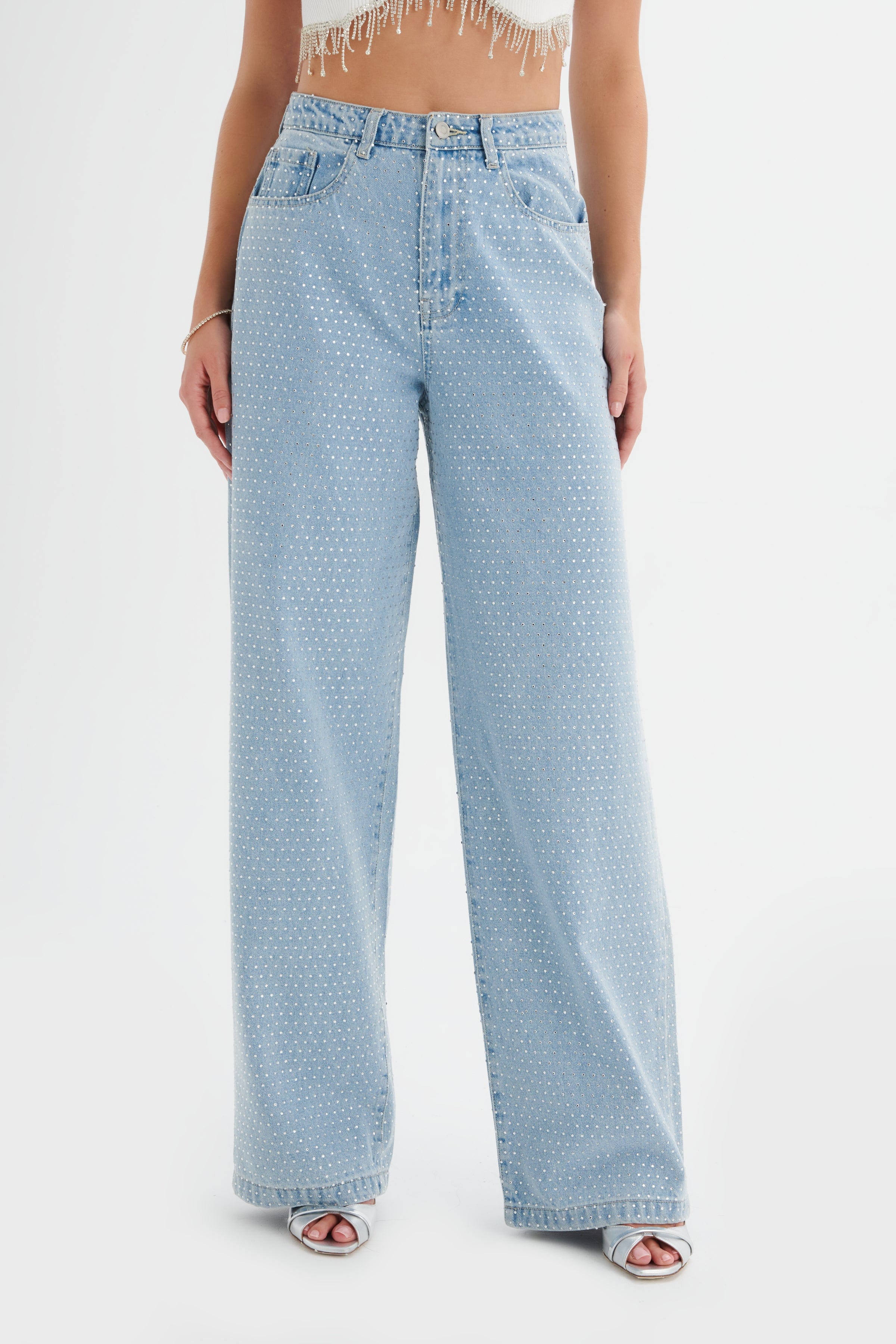 LILLIE Crystal Embellished Straight Leg Denim Jeans in Light Blue