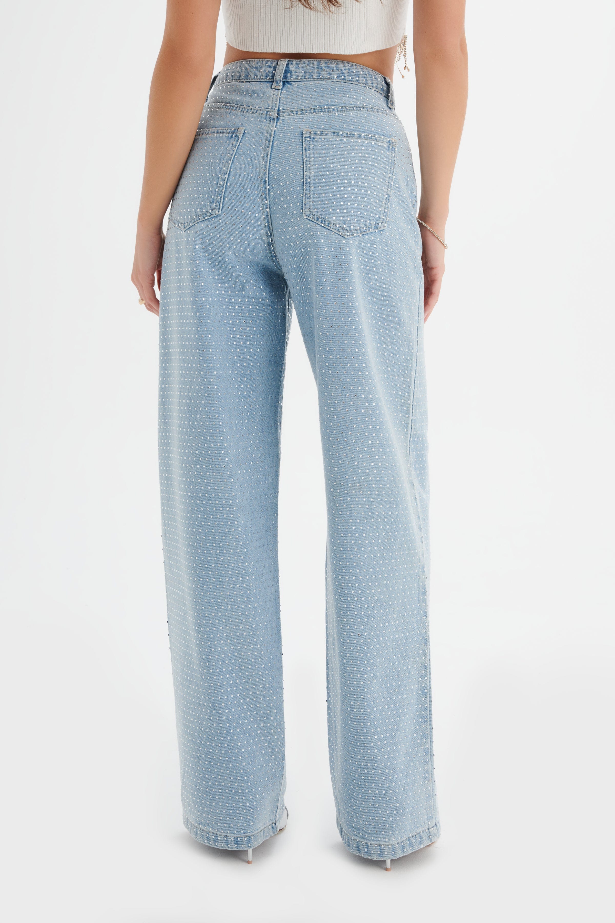 LILLIE Crystal Embellished Straight Leg Denim Jeans in Light Blue