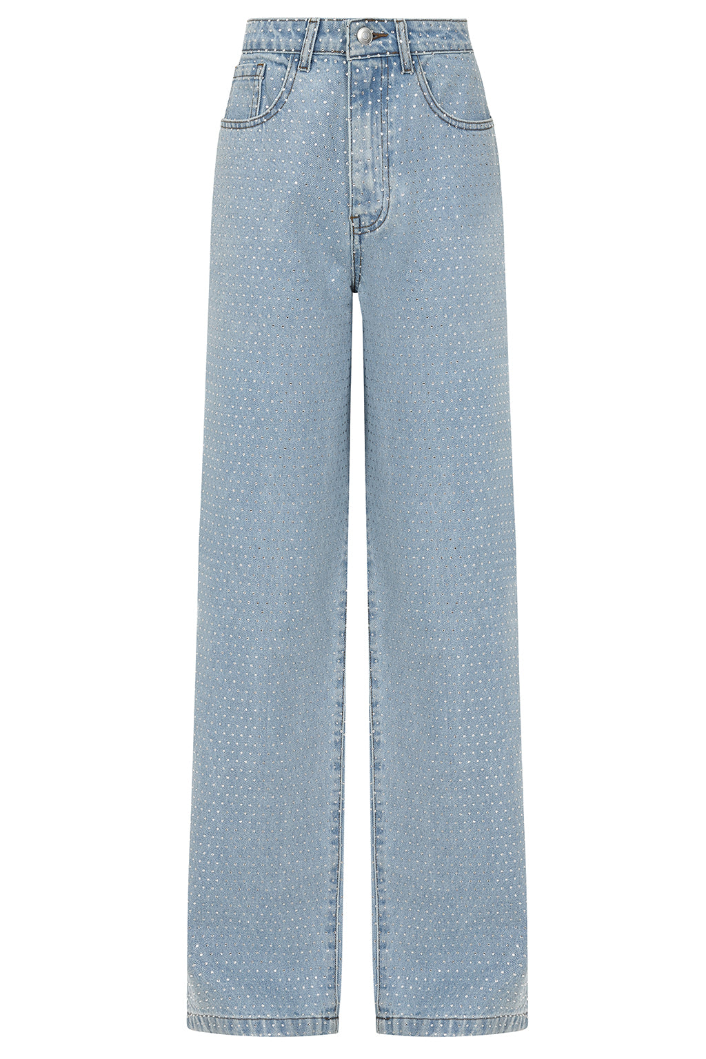 LILLIE Crystal Embellished Straight Leg Denim Jeans in Light Blue