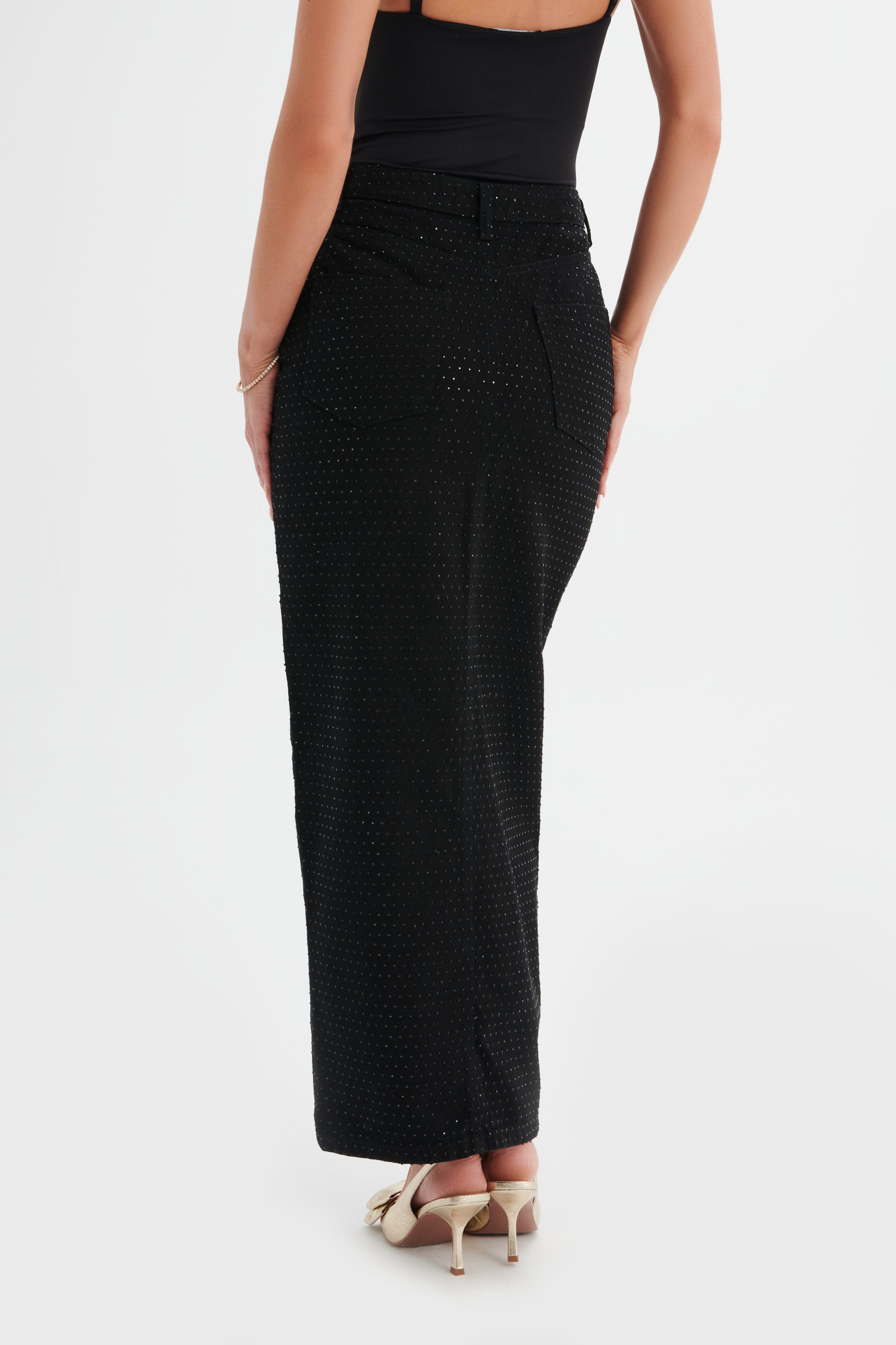 HARPER Crystal Embellished Denim Maxi Skirt in Black