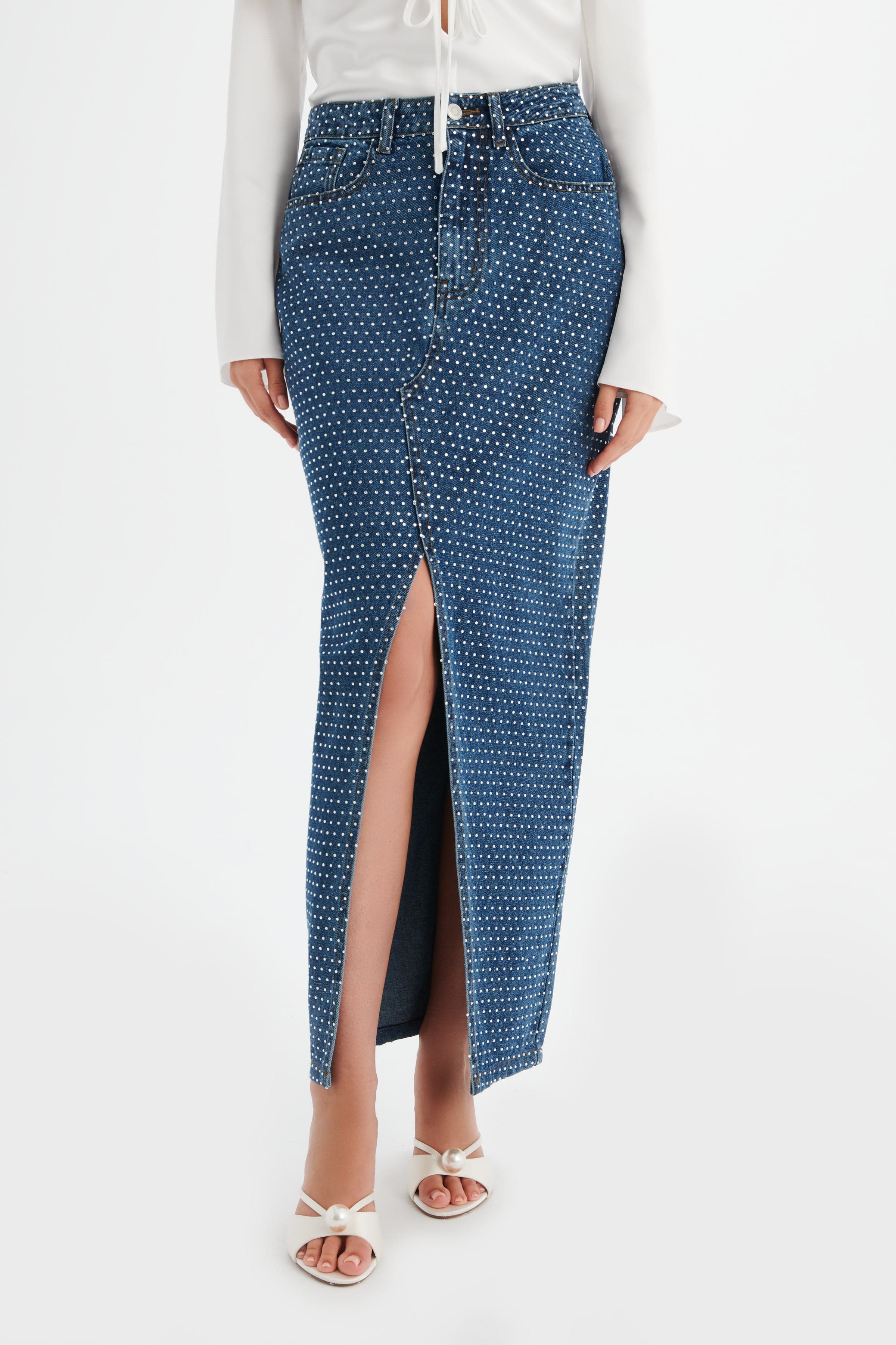 HARPER Crystal Embellished Denim Maxi Skirt in Dark Blue