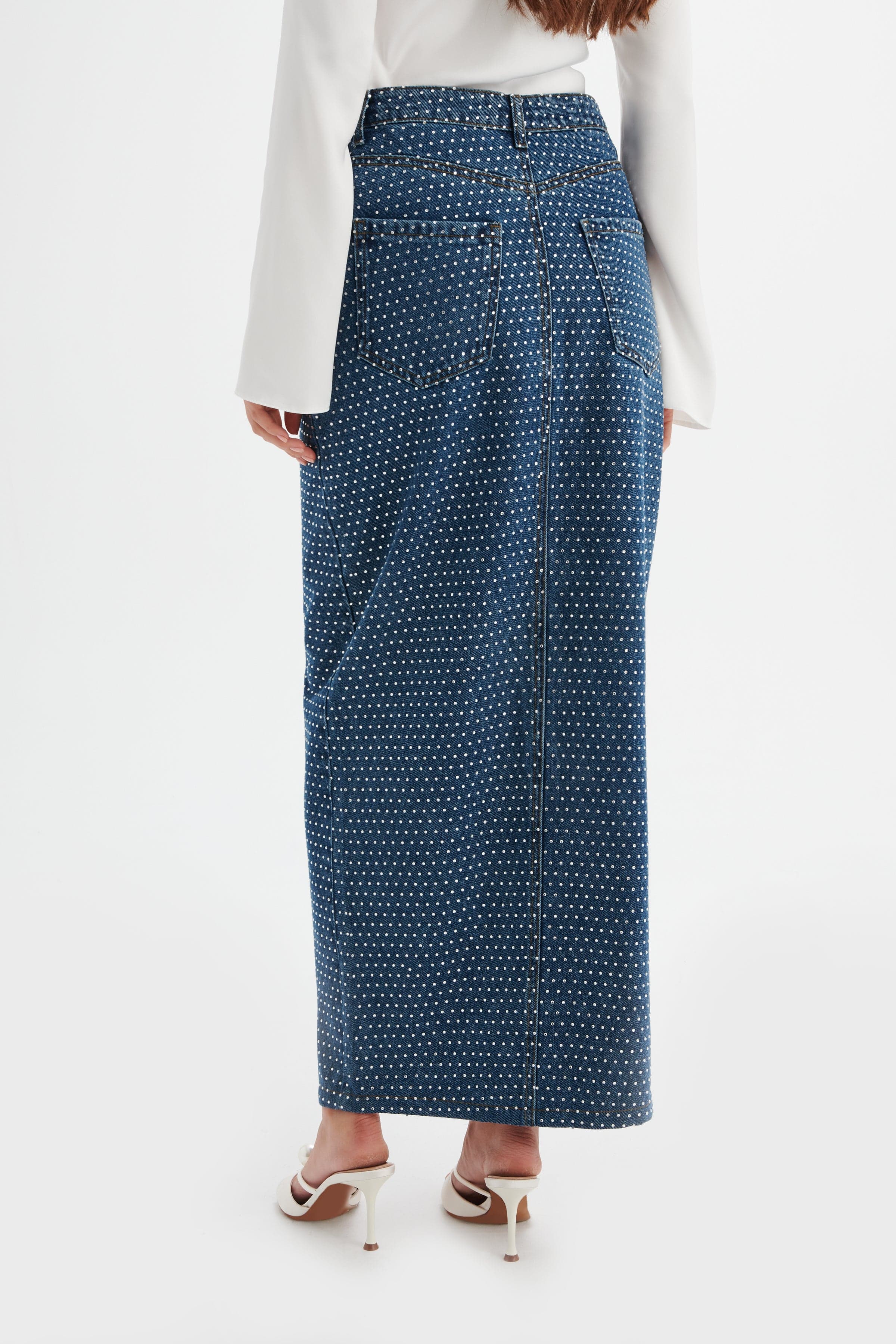 HARPER Crystal Embellished Denim Maxi Skirt in Dark Blue