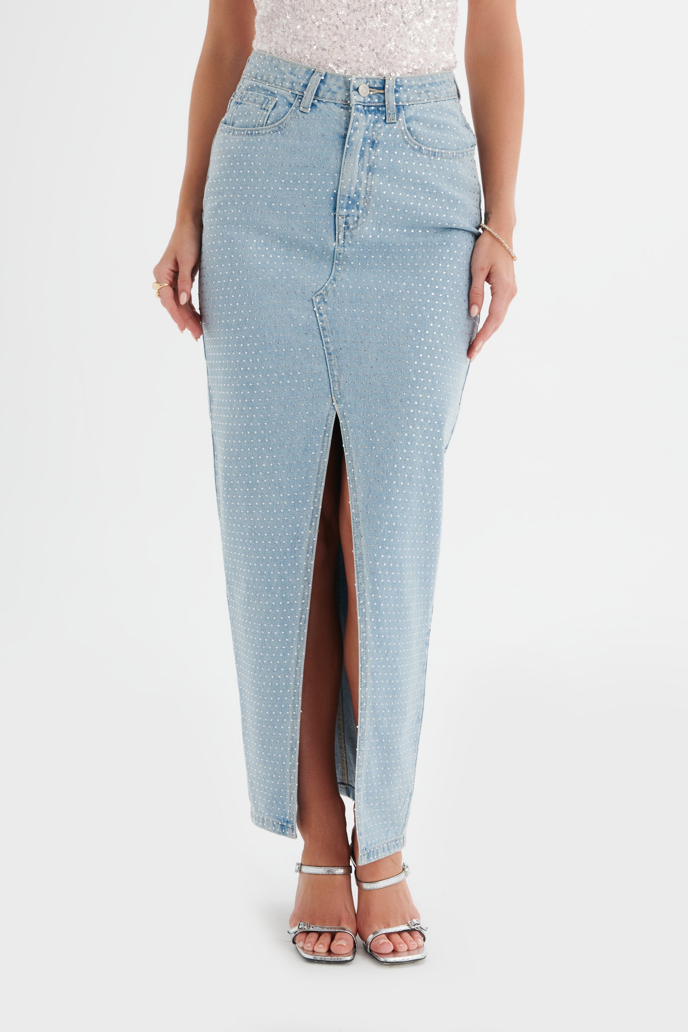 HARPER Crystal Embellished Denim Maxi Skirt in Light Blue