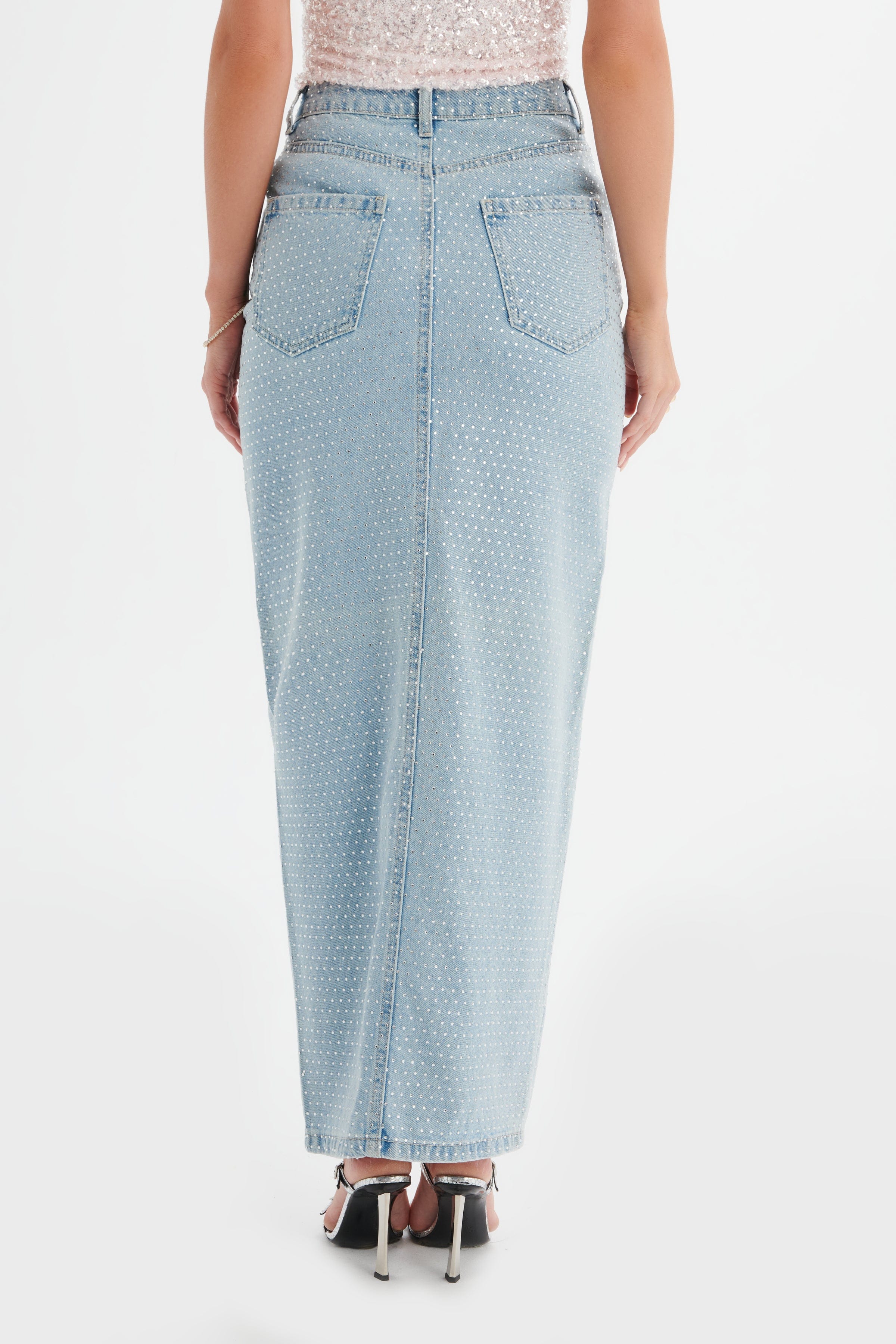 HARPER Crystal Embellished Denim Maxi Skirt in Light Blue