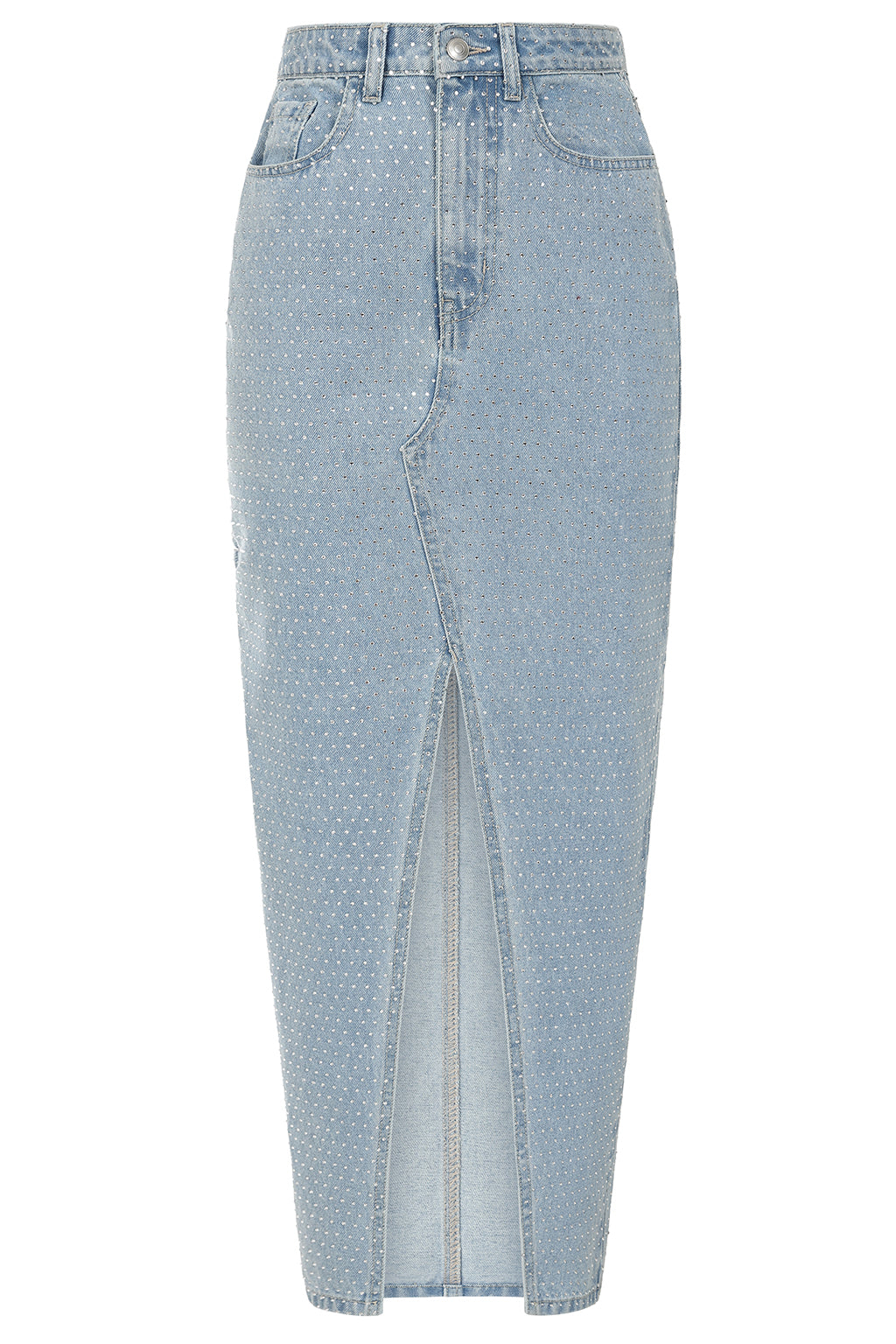 HARPER Crystal Embellished Denim Maxi Skirt in Light Blue