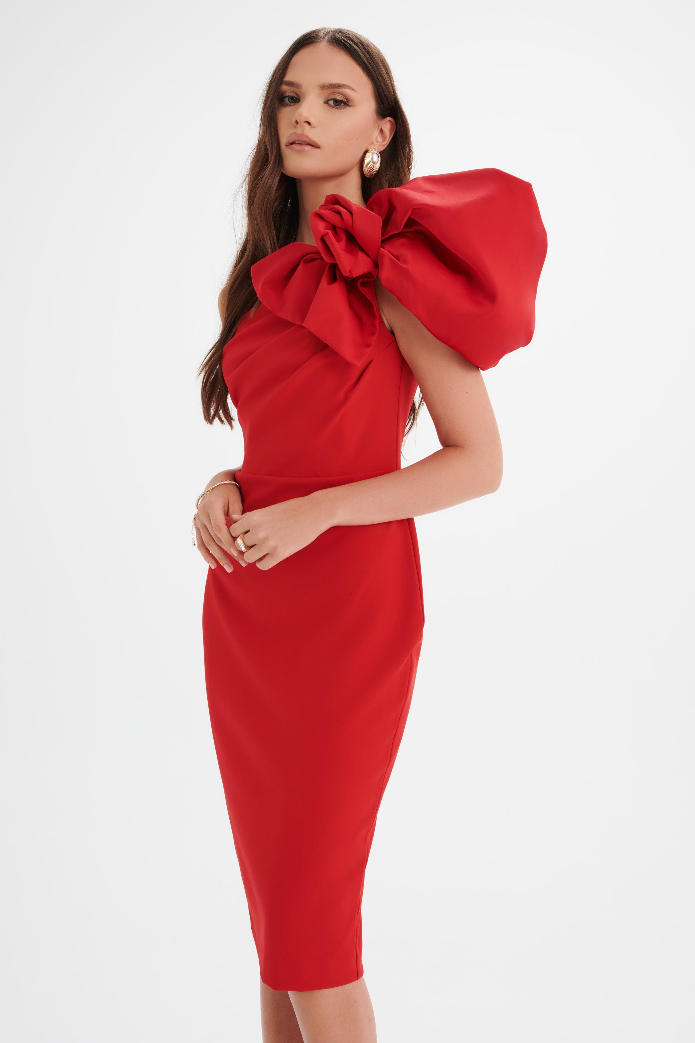 TAYTE One Shoulder Detail Midi Dress in Red