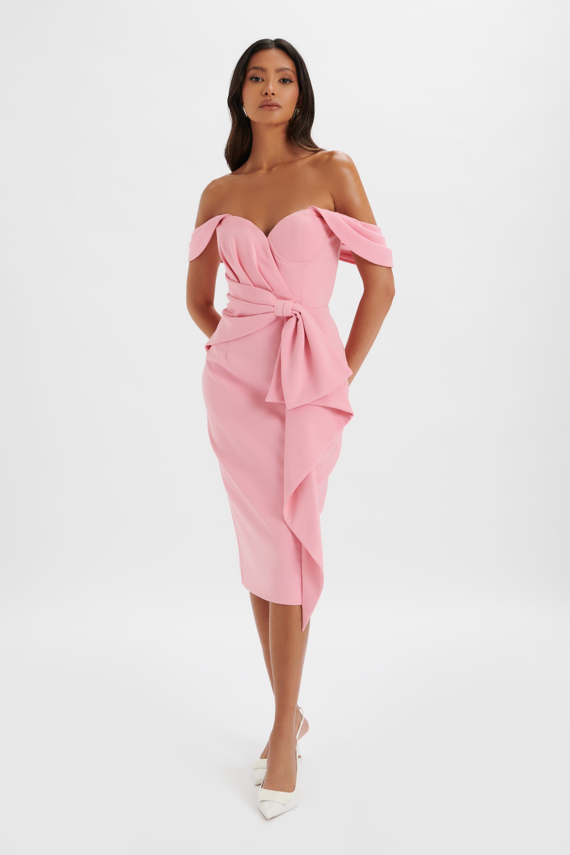 LORI Off Shoulder Bow Detail Midi Dress in Pink
