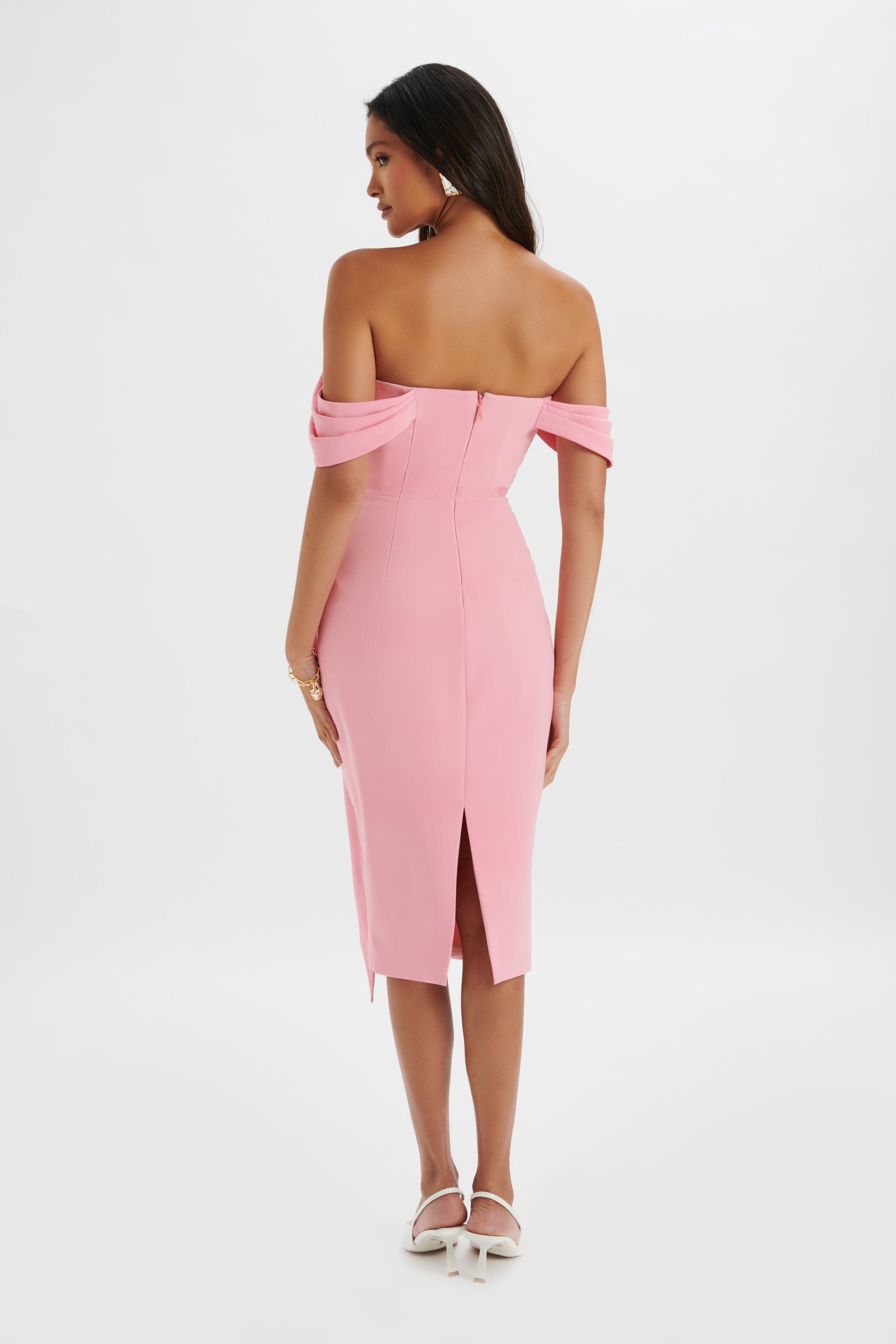LORI Off Shoulder Bow Detail Midi Dress in Pink