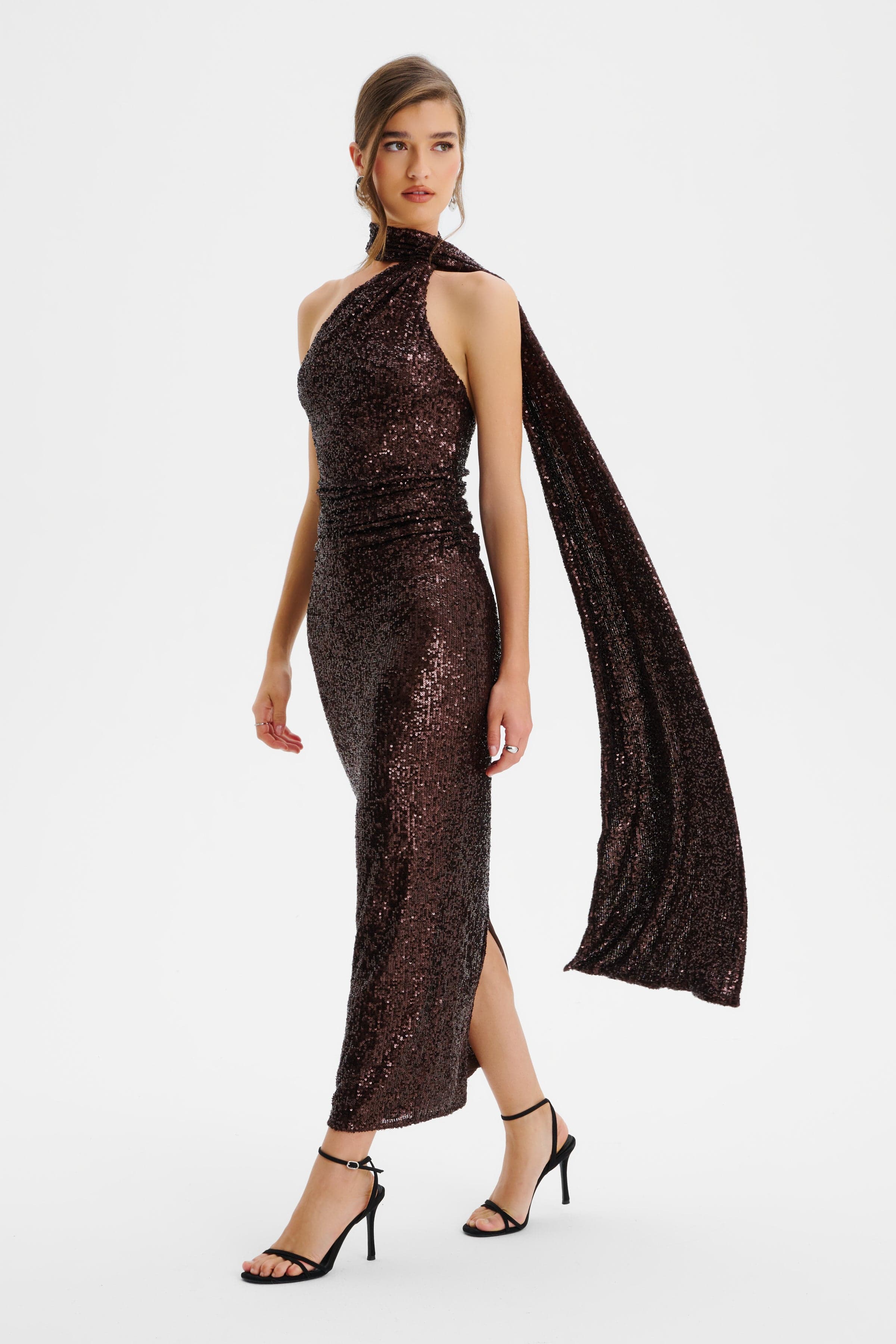 ALANNI Stretch Sequin Scarf Detail Longline Midi Dress In Chocolate