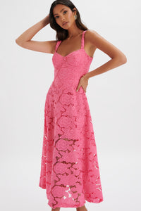 HALEY Micro Button and Loop Detail Volume Flared Midi Dress in Floral Broderie