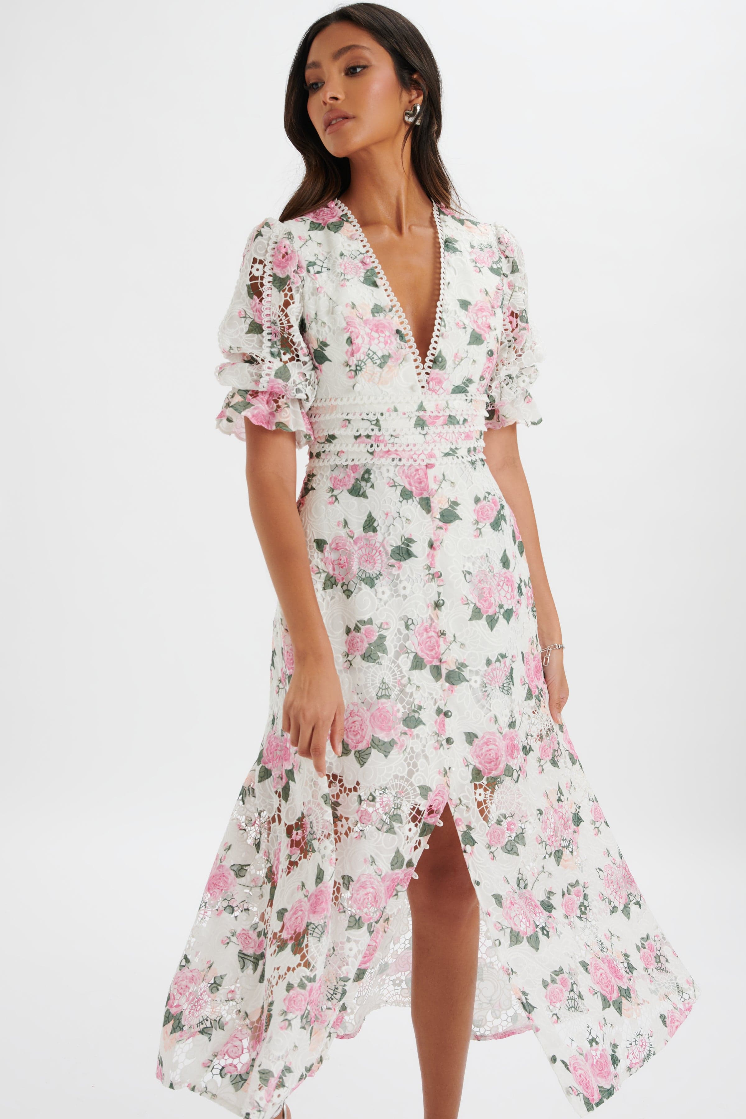 CINDY Micro Button and Loop Detail Long Midi Dress in Floral Broderie