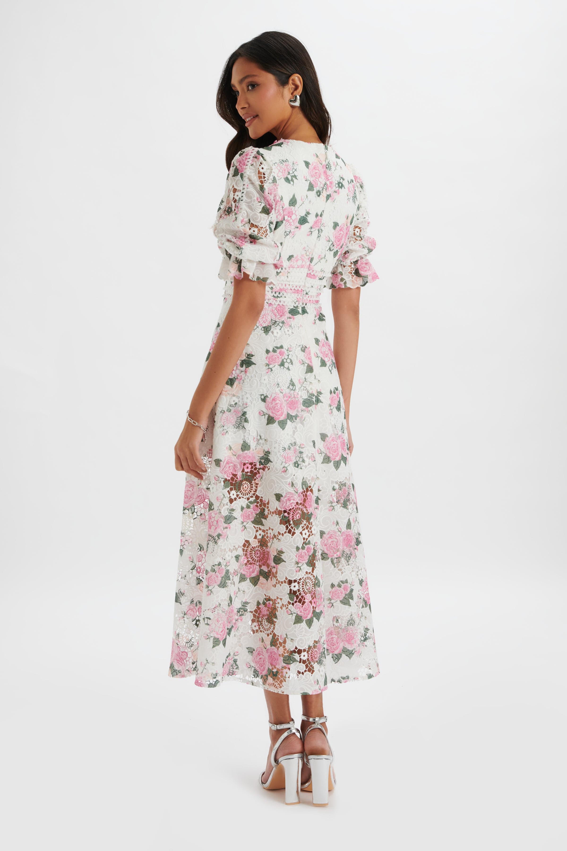CINDY Micro Button and Loop Detail Long Midi Dress in Floral Broderie