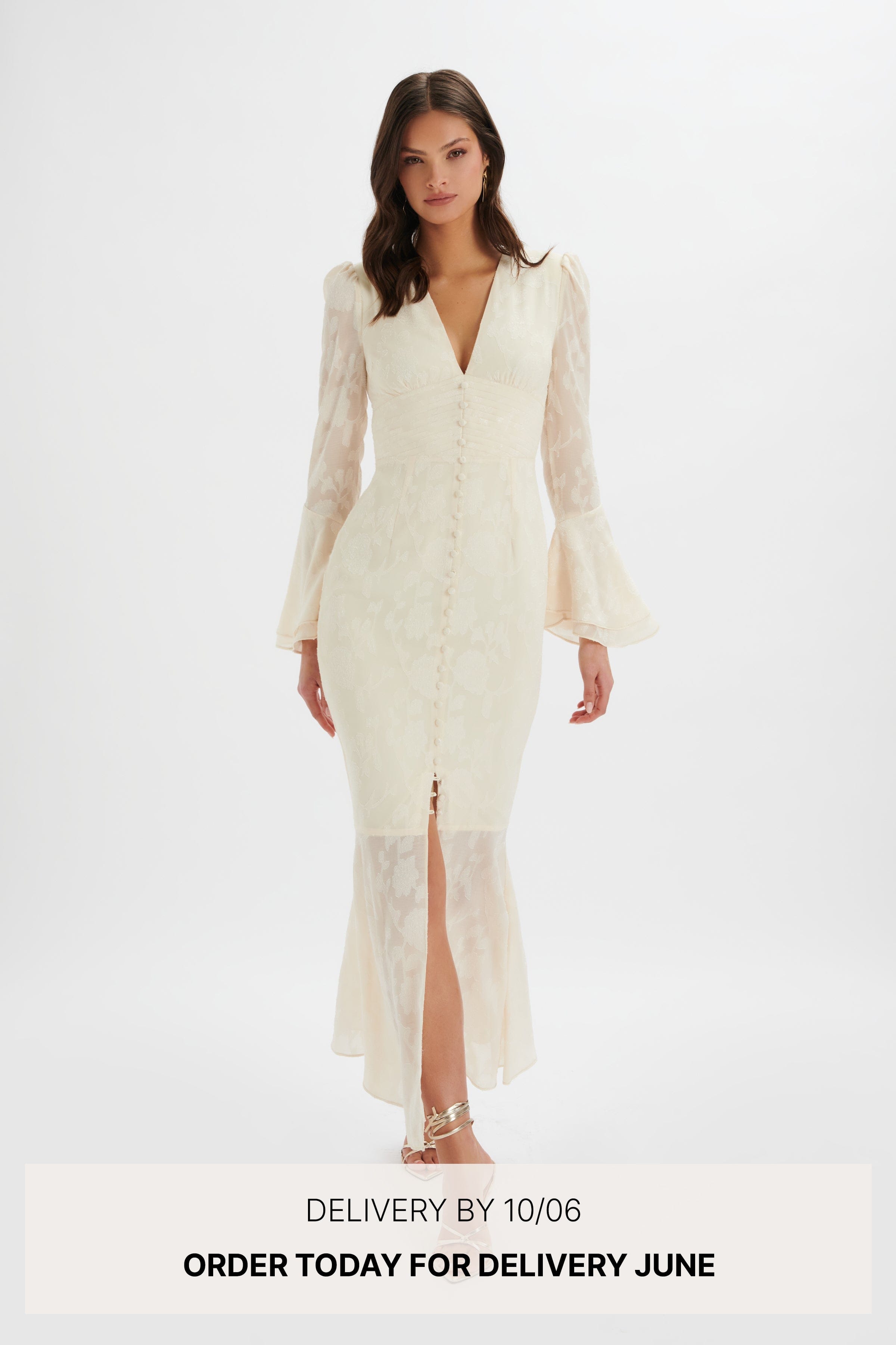 **PRE-ORDER** LAUREN Fluted Sleeve Maxi Dress In Cream Floral Textured Chiffon