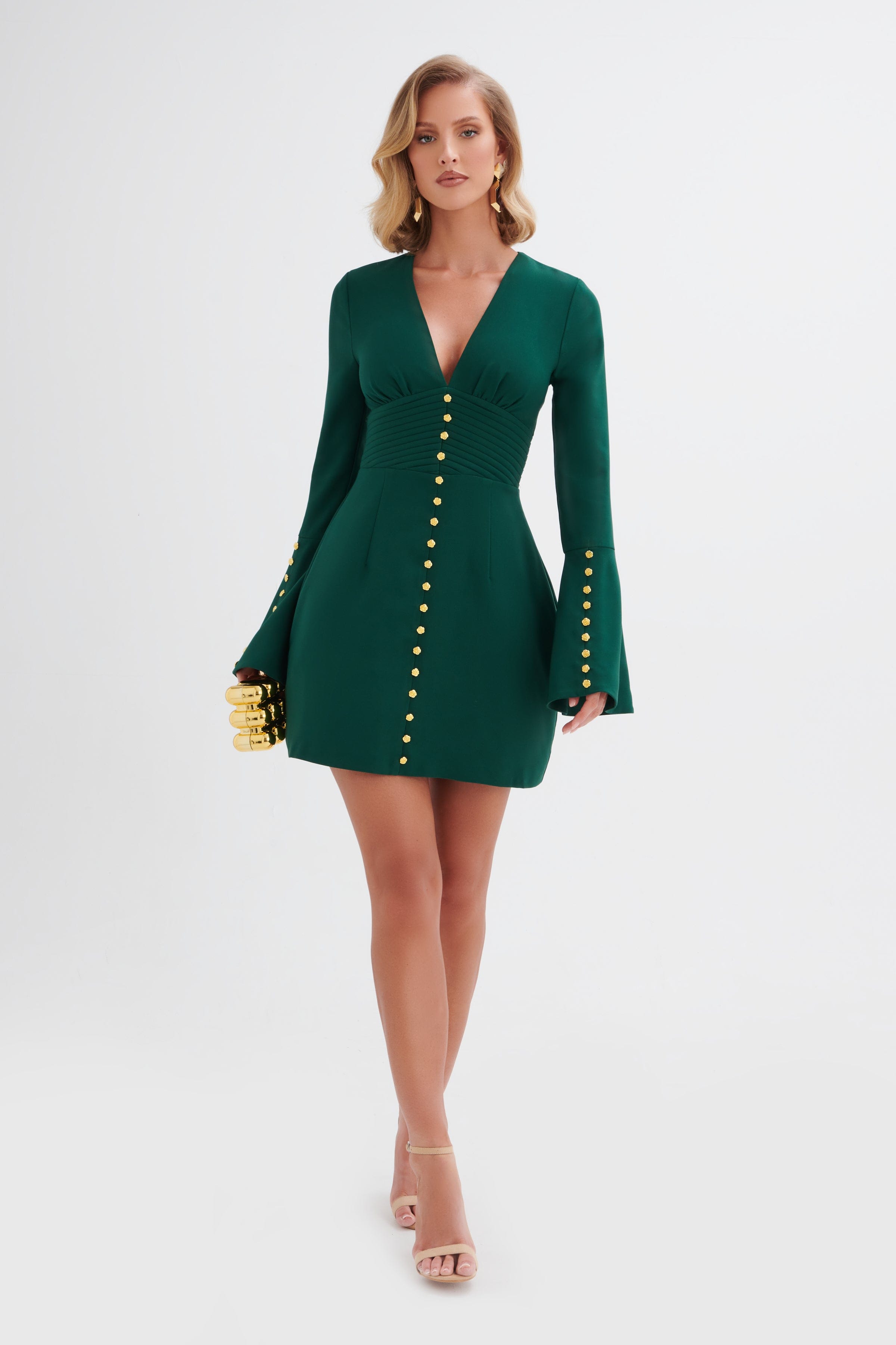 PRE-ORDER LARA Fluted Sleeve Rose Button Mini Dress in Emerald Green