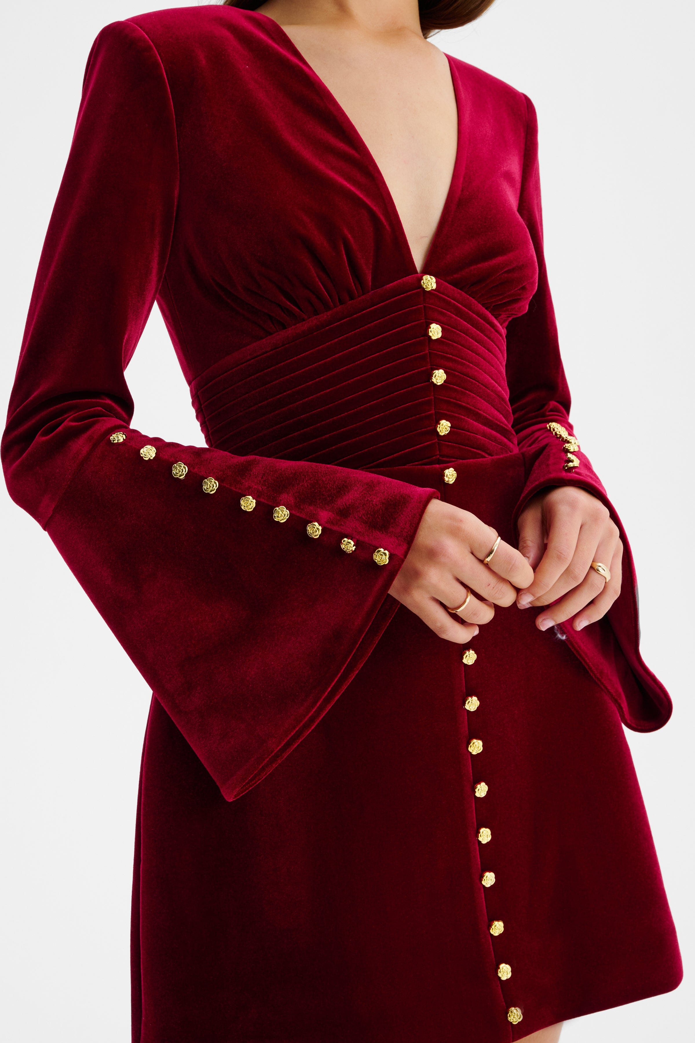 LARA Fluted Sleeve Rose Button Velvet Mini Dress In Burgundy