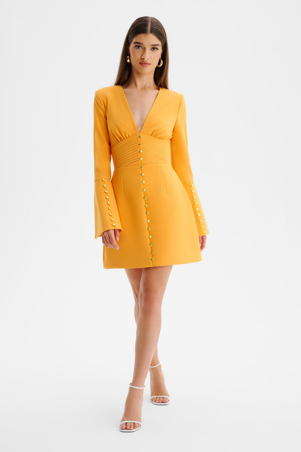 LARA Fluted Sleeve Micro Button Mini Dress