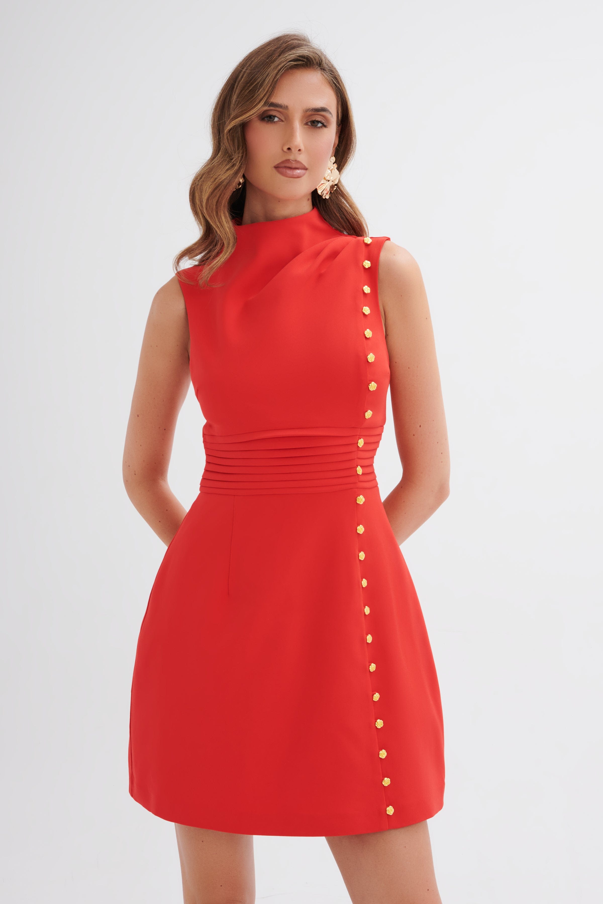 DANYA High Neck Rose Button Mini Dress in Red