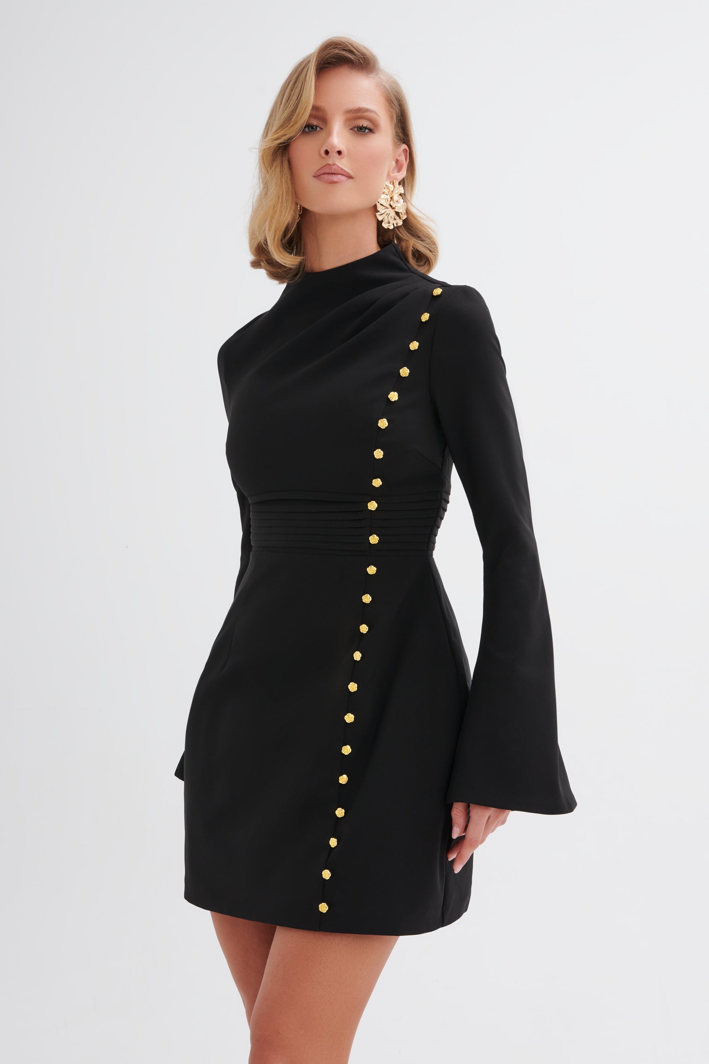 PRE-ORDER GEMMA High Neck Rose Button Long Sleeve Mini Dress in Black