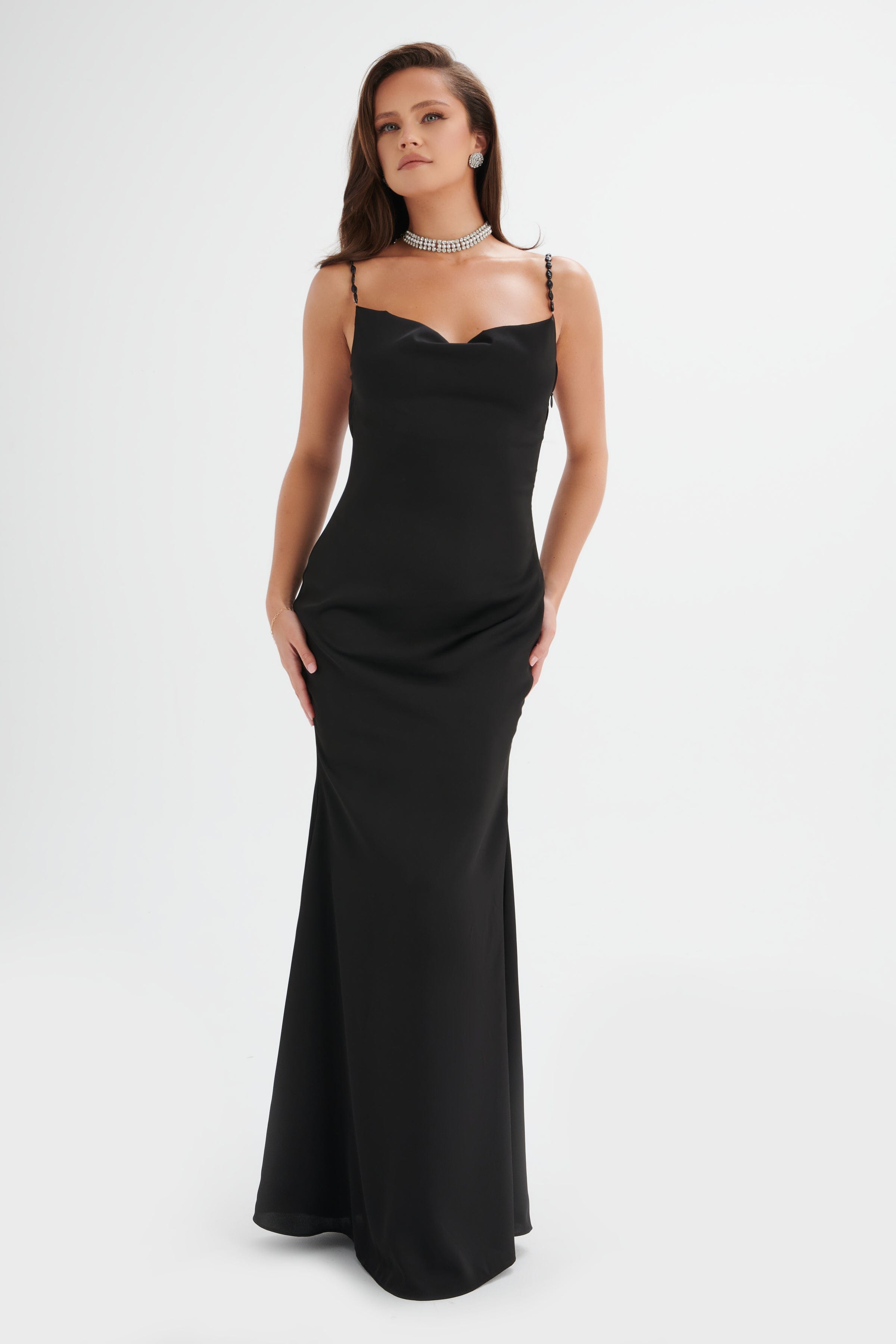 DEMI Cowl Neck Satin Maxi Dress with Pearl Straps in Black