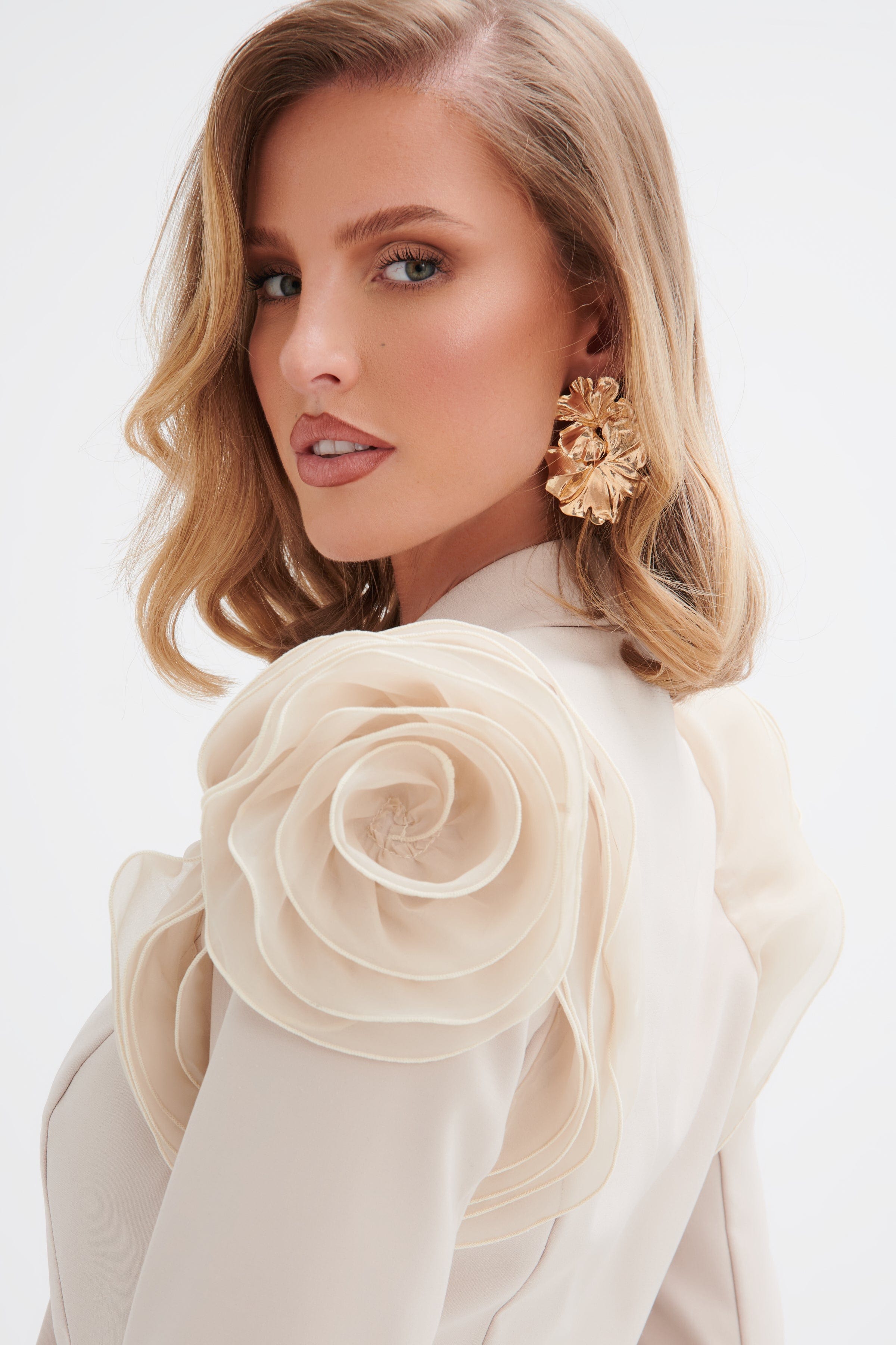 IVY Organza Rose Sleeve Blazer in Champagne