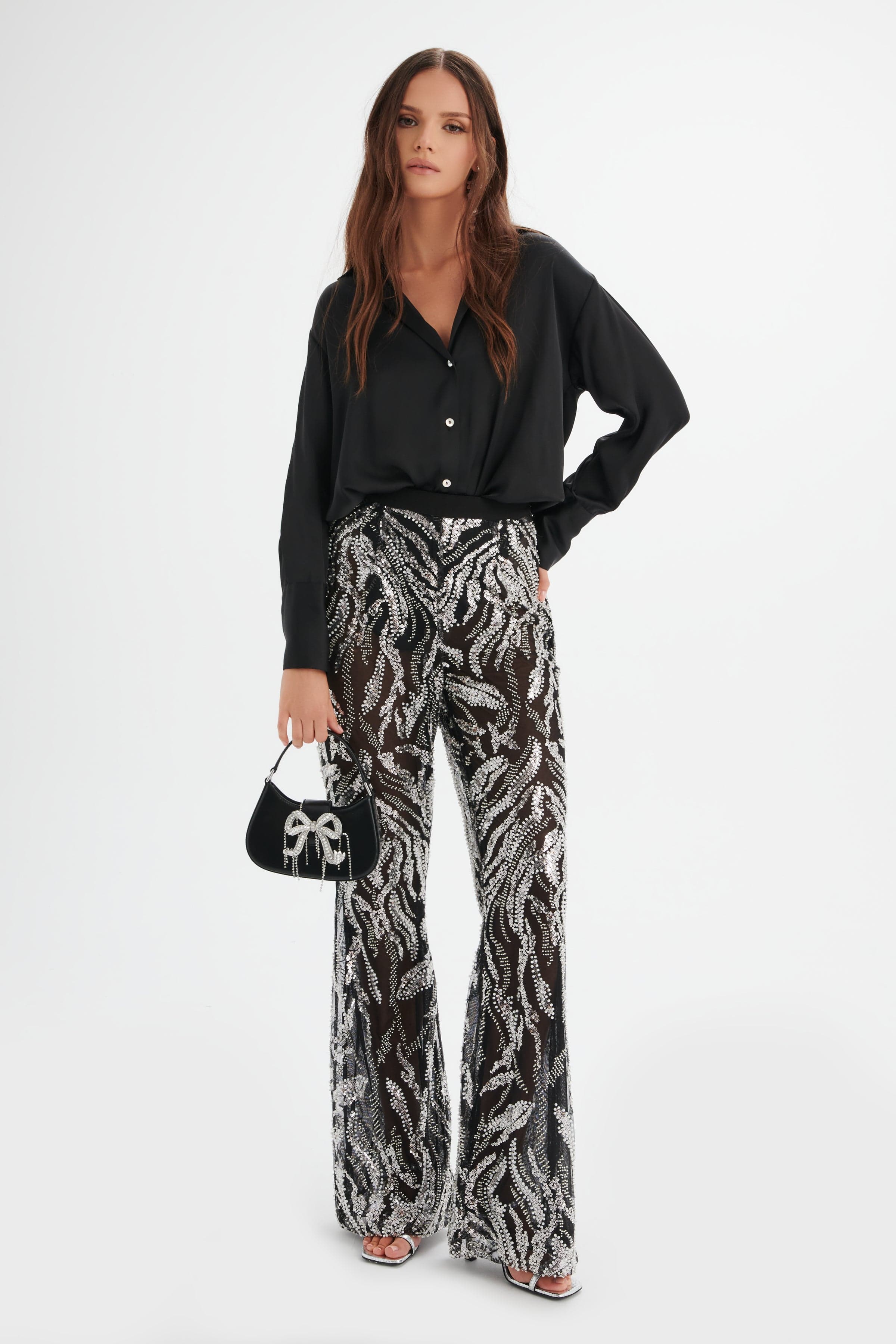 INDIANA Sheer Embellished Fit and Flare Trouser in Black