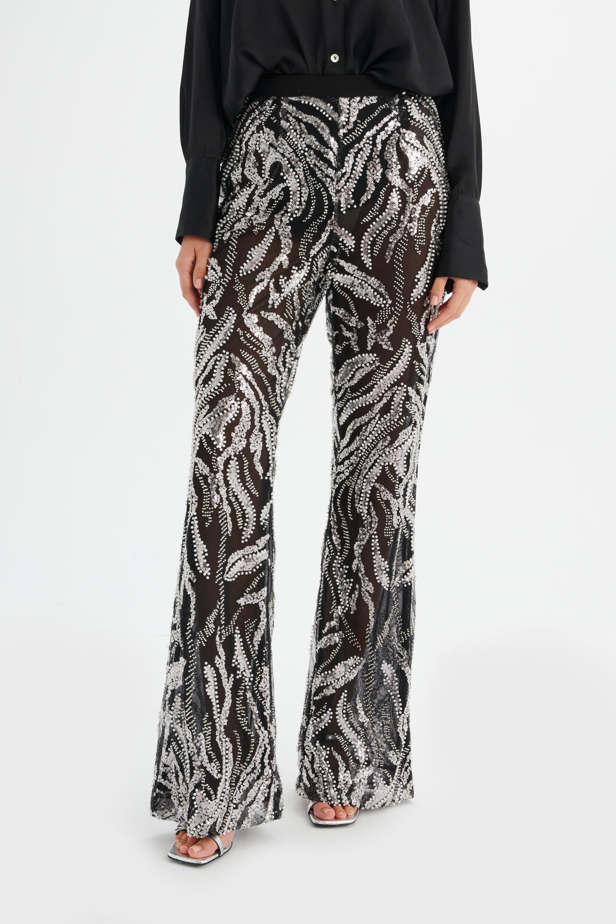 INDIANA Sheer Embellished Fit and Flare Trouser in Black