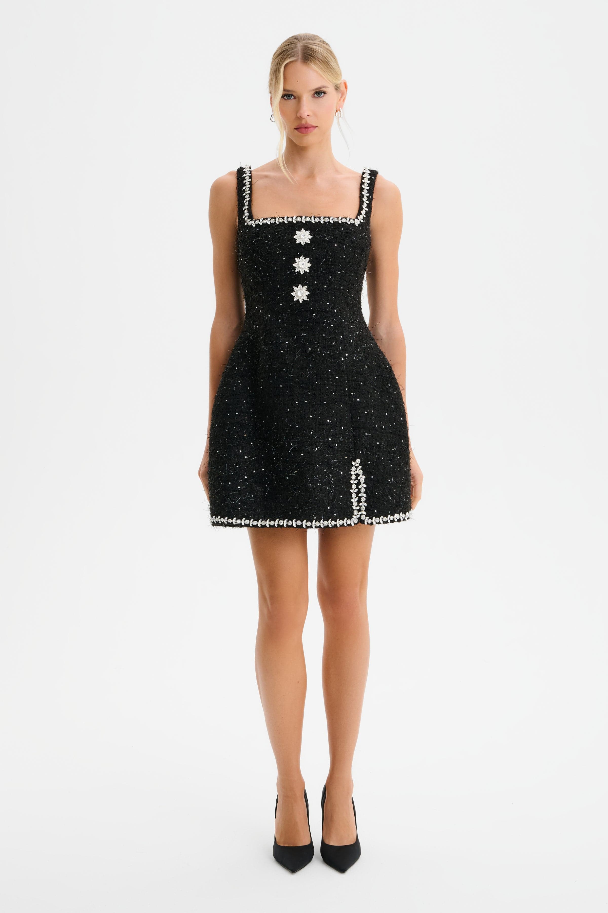 ZOEY Embellished Boucle Tulip Mini Dress in Black
