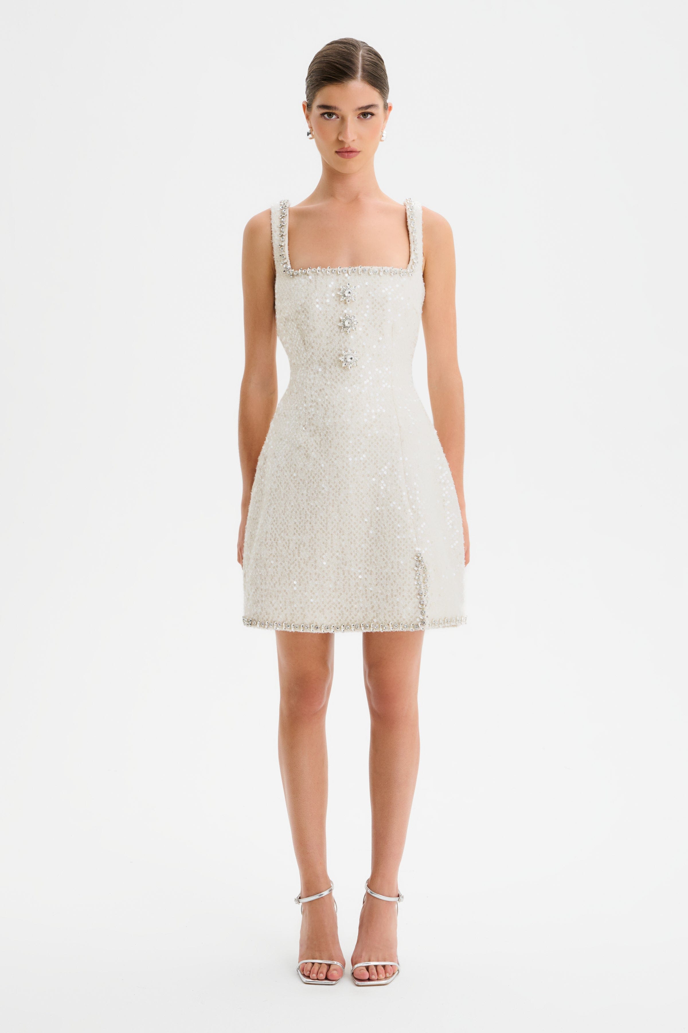 ZOEY Embellished Boucle Tulip Mini Dress in Beige
