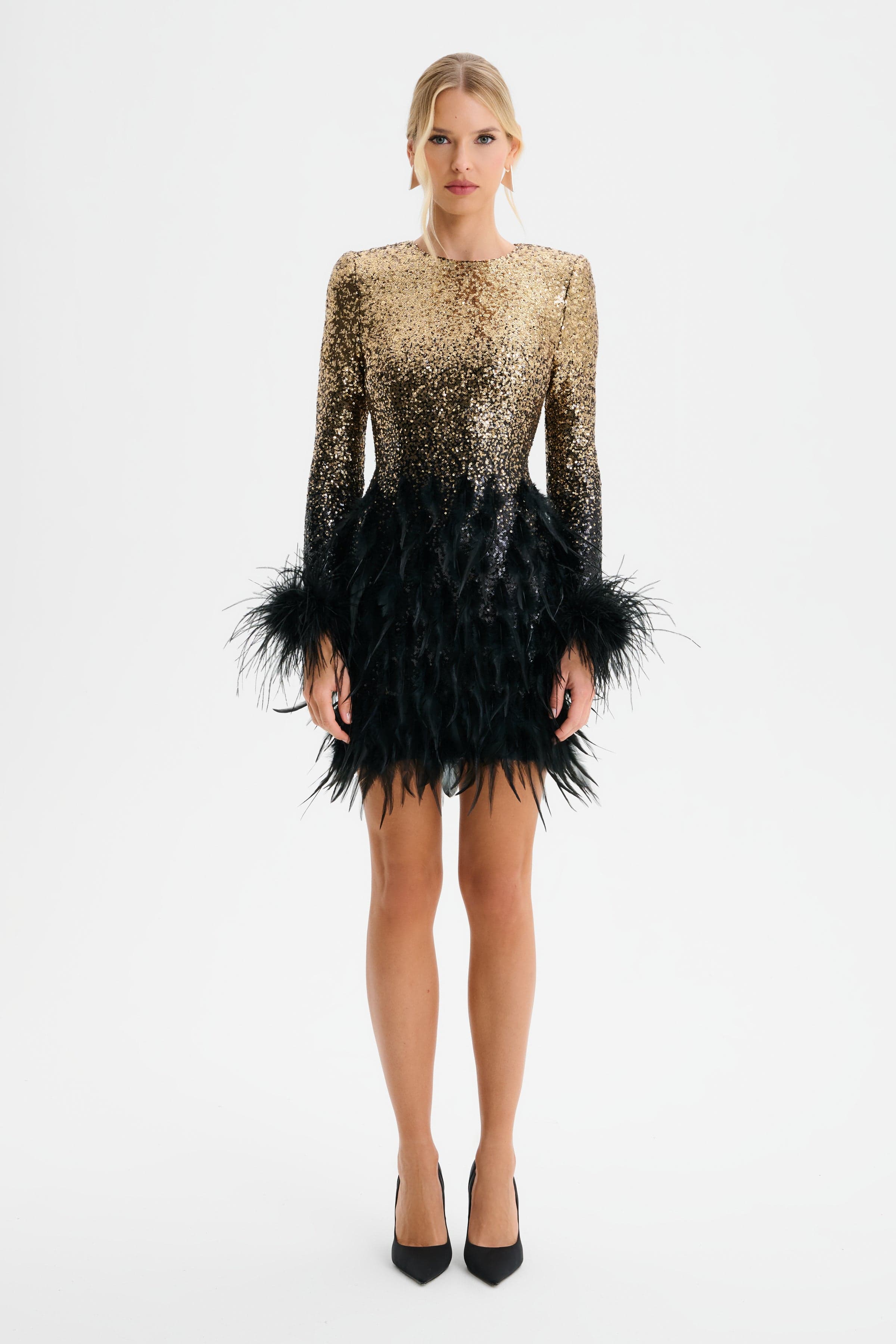 BRIANNA Embellished Feather Mini Dress In Gold and Black Ombre
