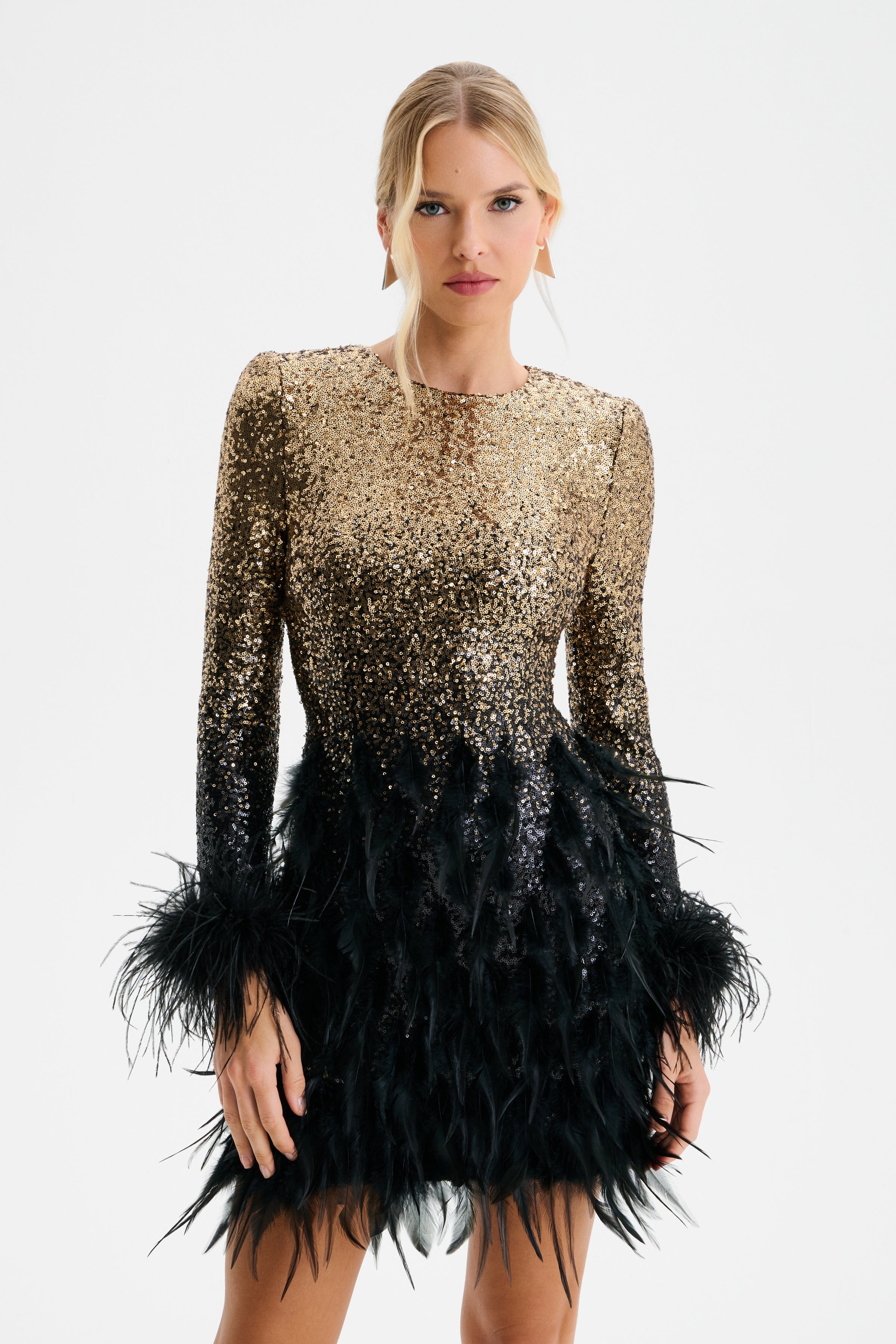 BRIANNA Embellished Feather Mini Dress In Gold and Black Ombre