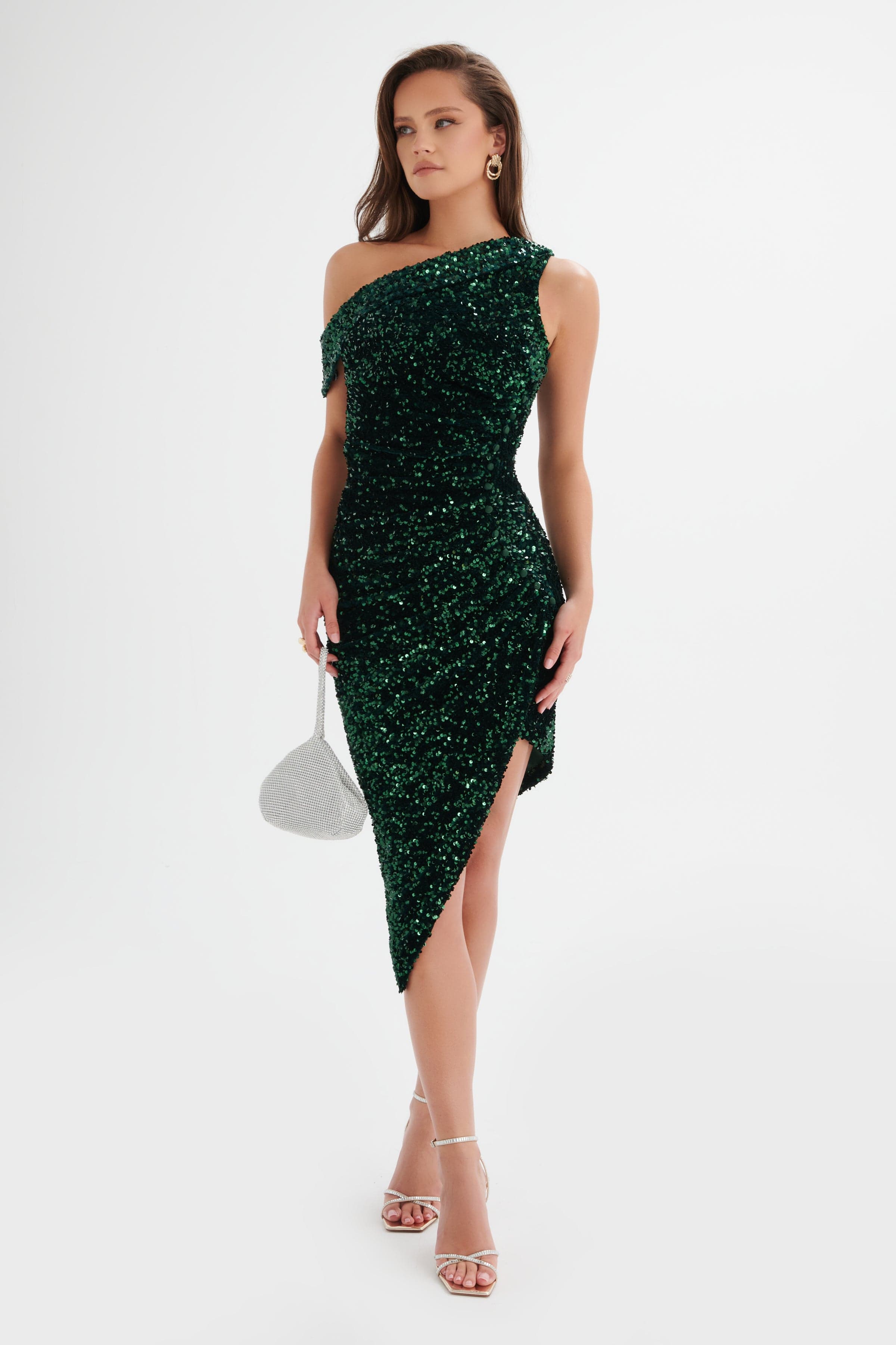 NOELE Velvet Sequin Off Shoulder Wrap Midi Dress in Emerald Green