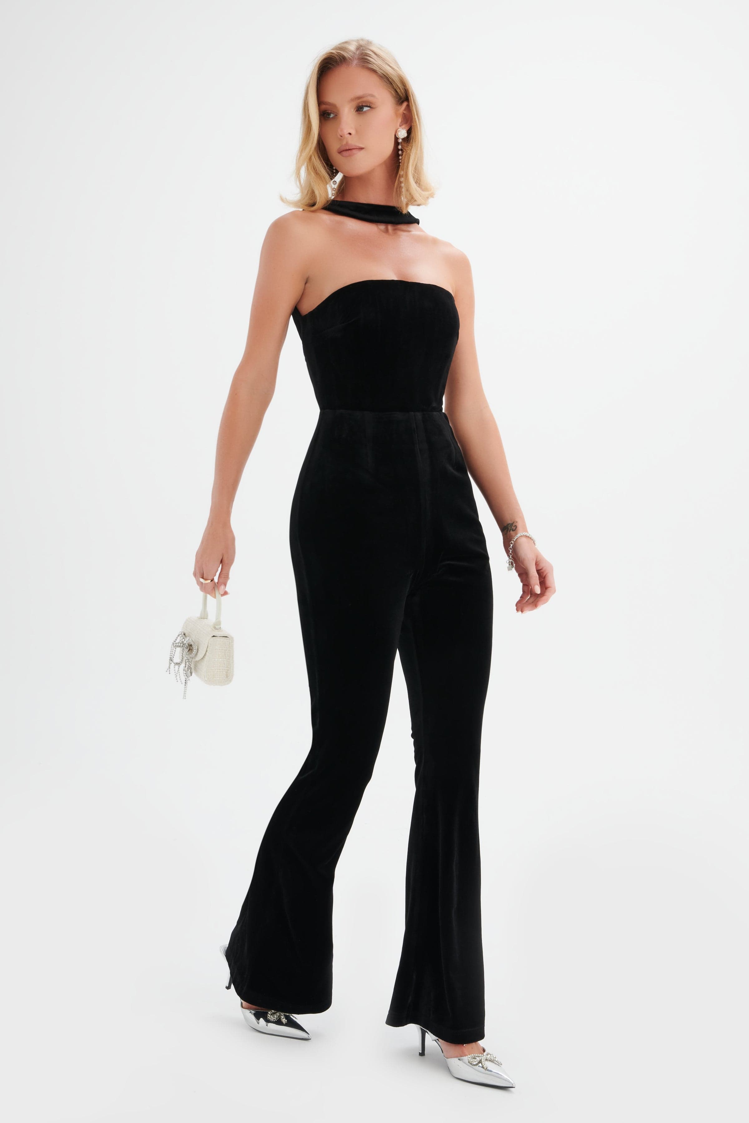 HAZEL High Neck Velvet Jumpsuit in Black