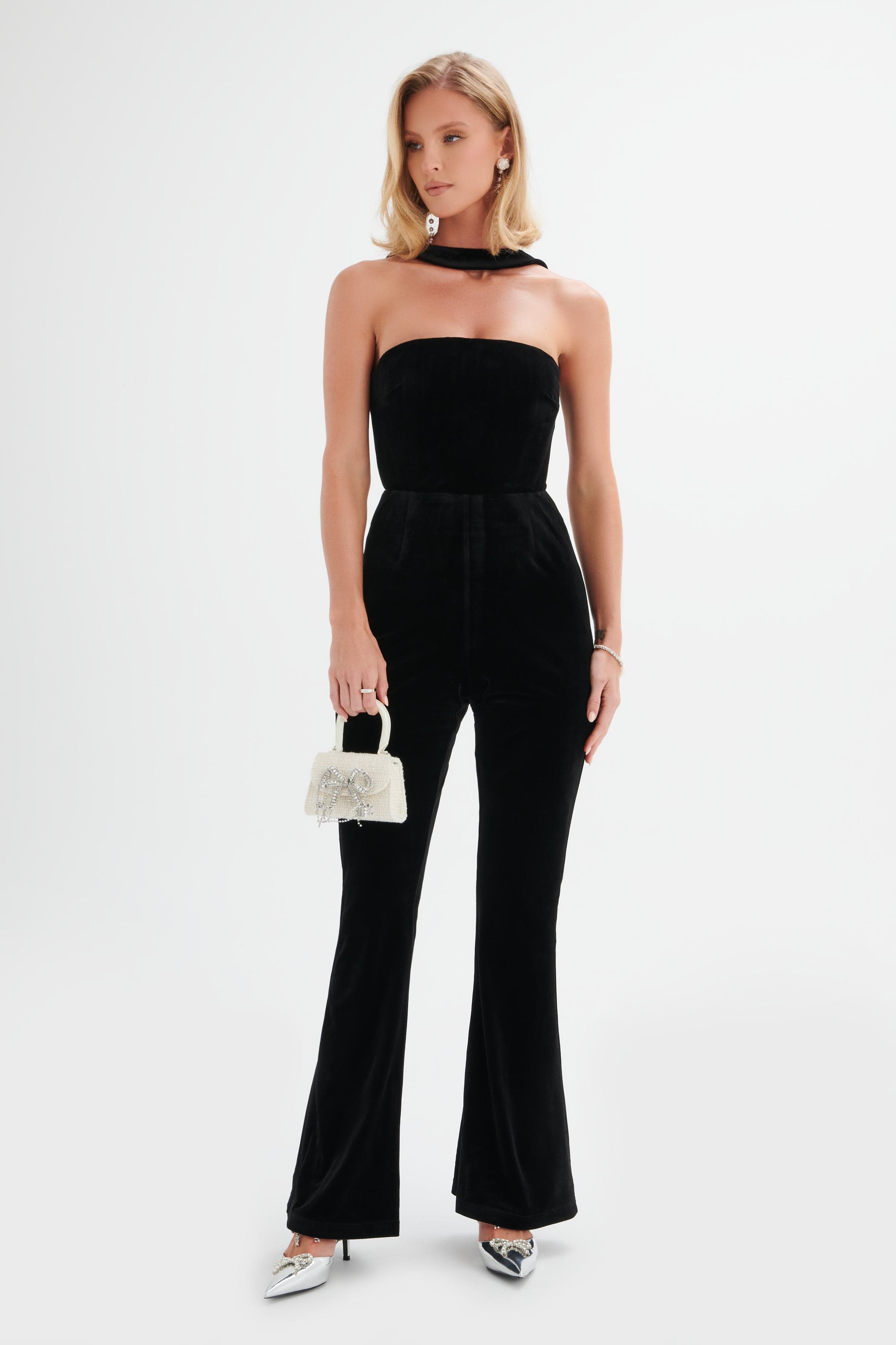 HAZEL High Neck Velvet Jumpsuit in Black