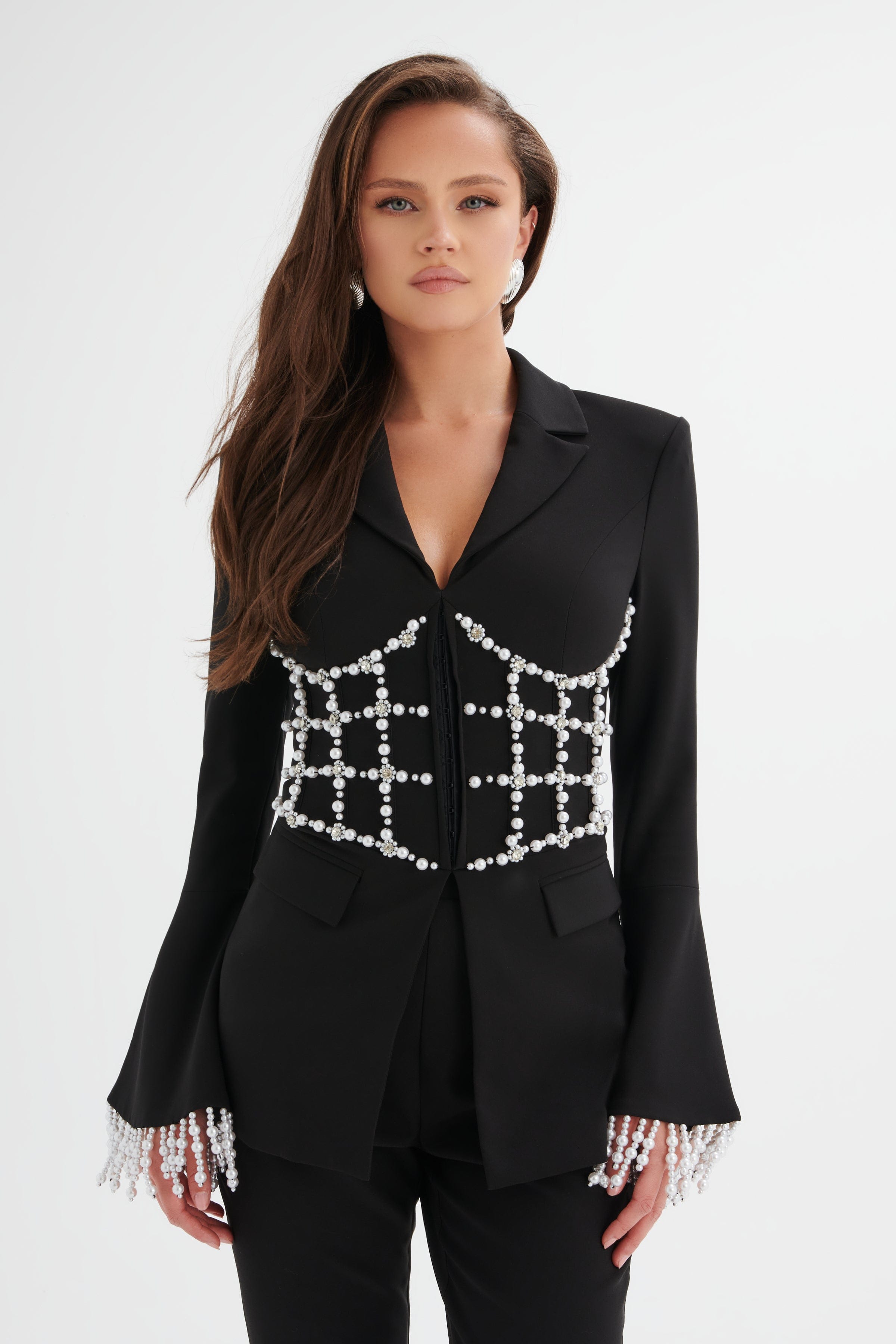 CELESTE Pearl Embellished Blazer in Black