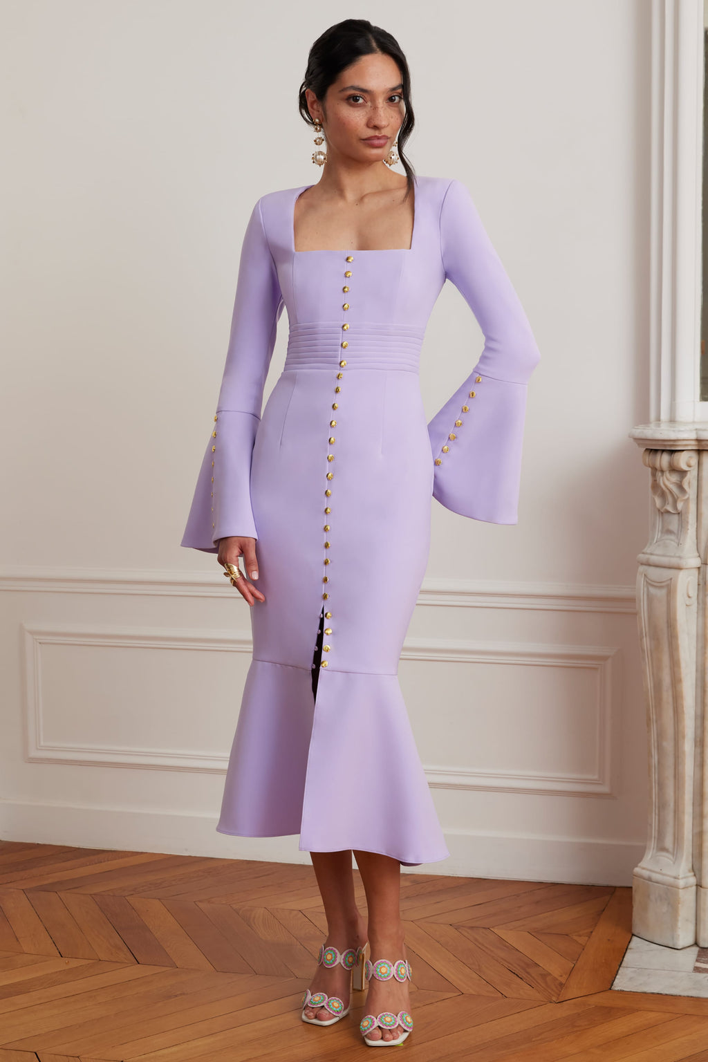 SERENA Fluted Sleeve Micro Shell Button Midi Dress