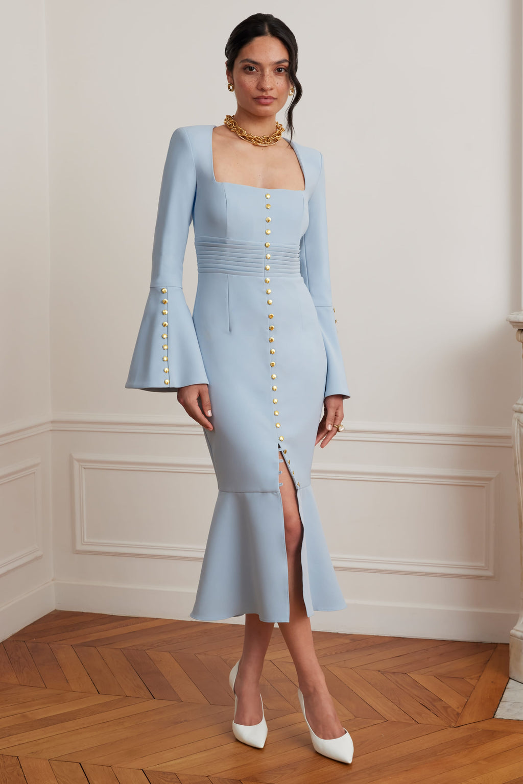 SERENA Fluted Sleeve Micro Shell Button Midi Dress