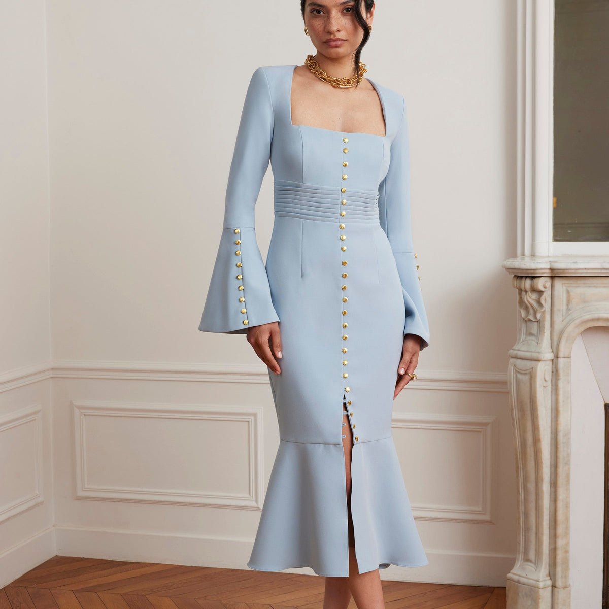 SERENA Fluted Sleeve Micro Shell Button Midi Dress in Light Blue