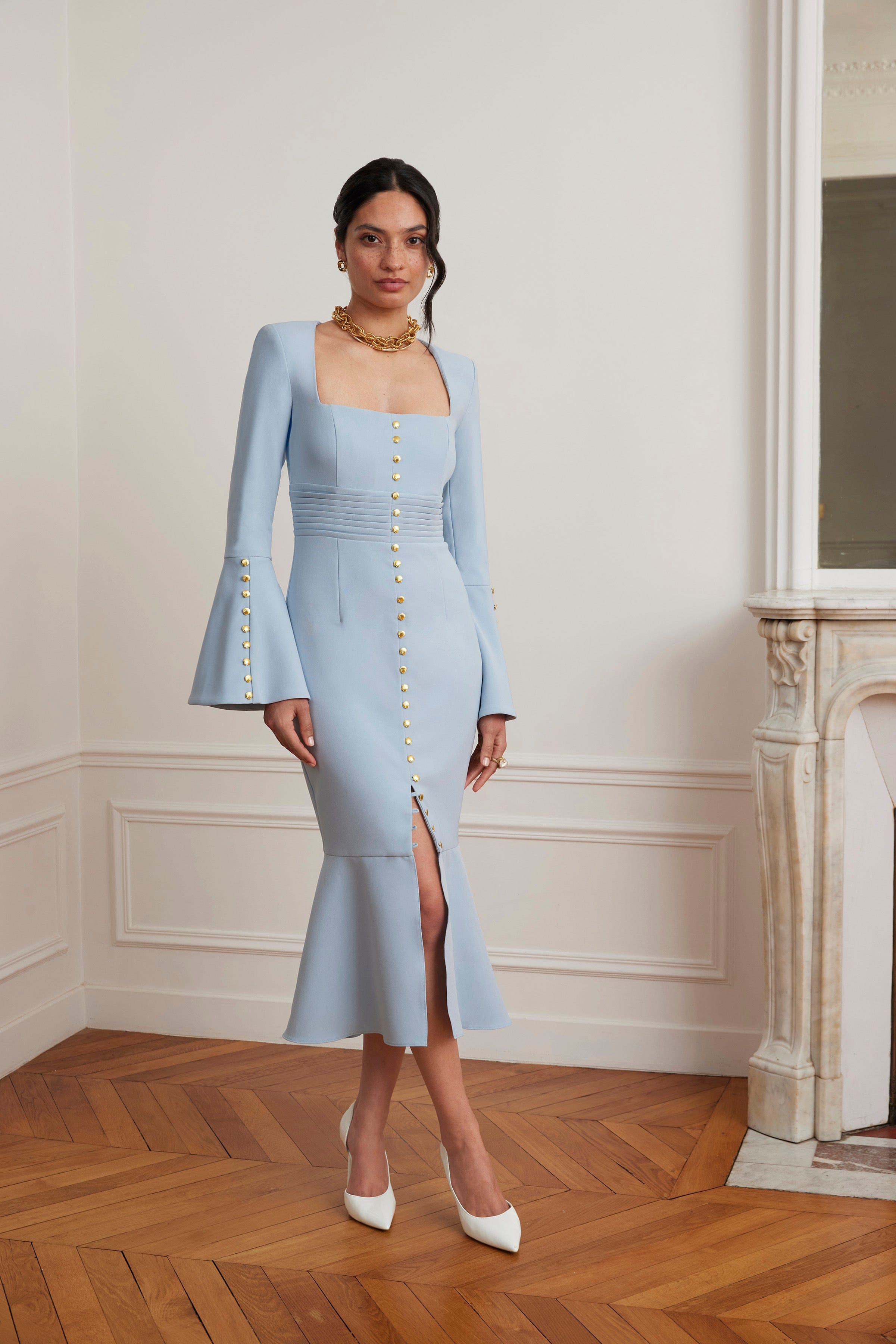SERENA Fluted Sleeve Micro Shell Button Midi Dress in Light Blue