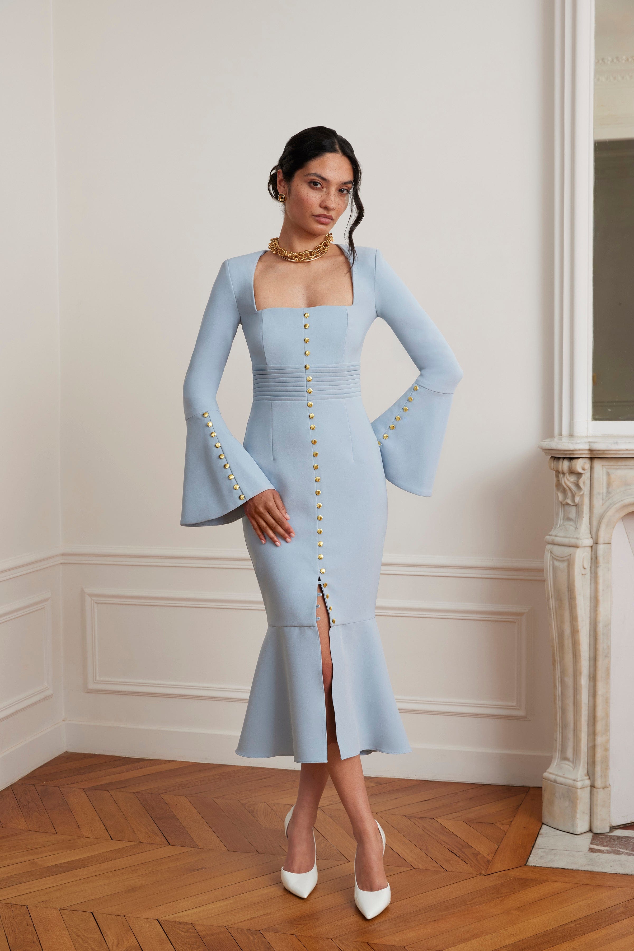 SERENA Fluted Sleeve Micro Shell Button Midi Dress in Light Blue