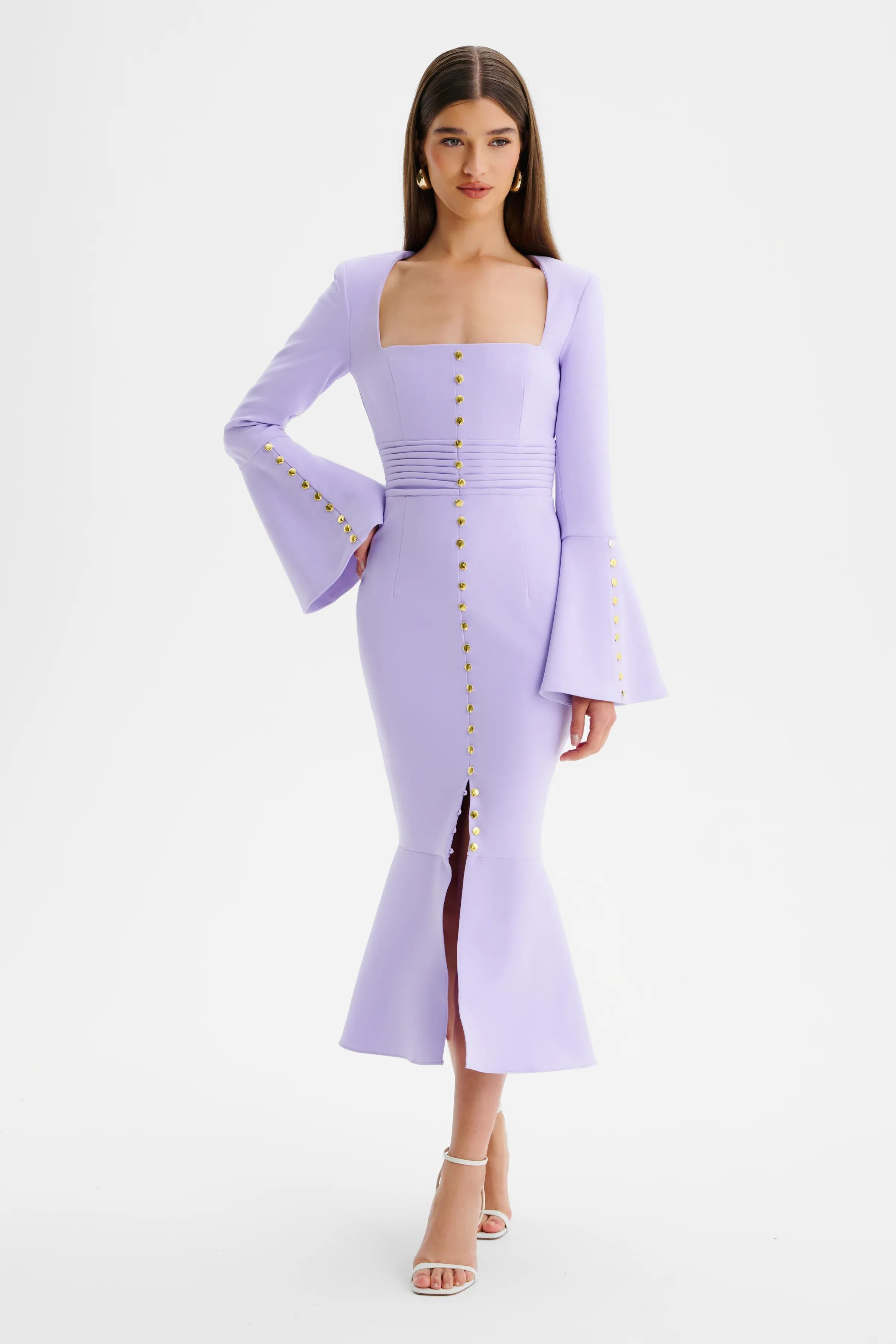 SERENA Fluted Sleeve Micro Shell Button Midi Dress in Purple