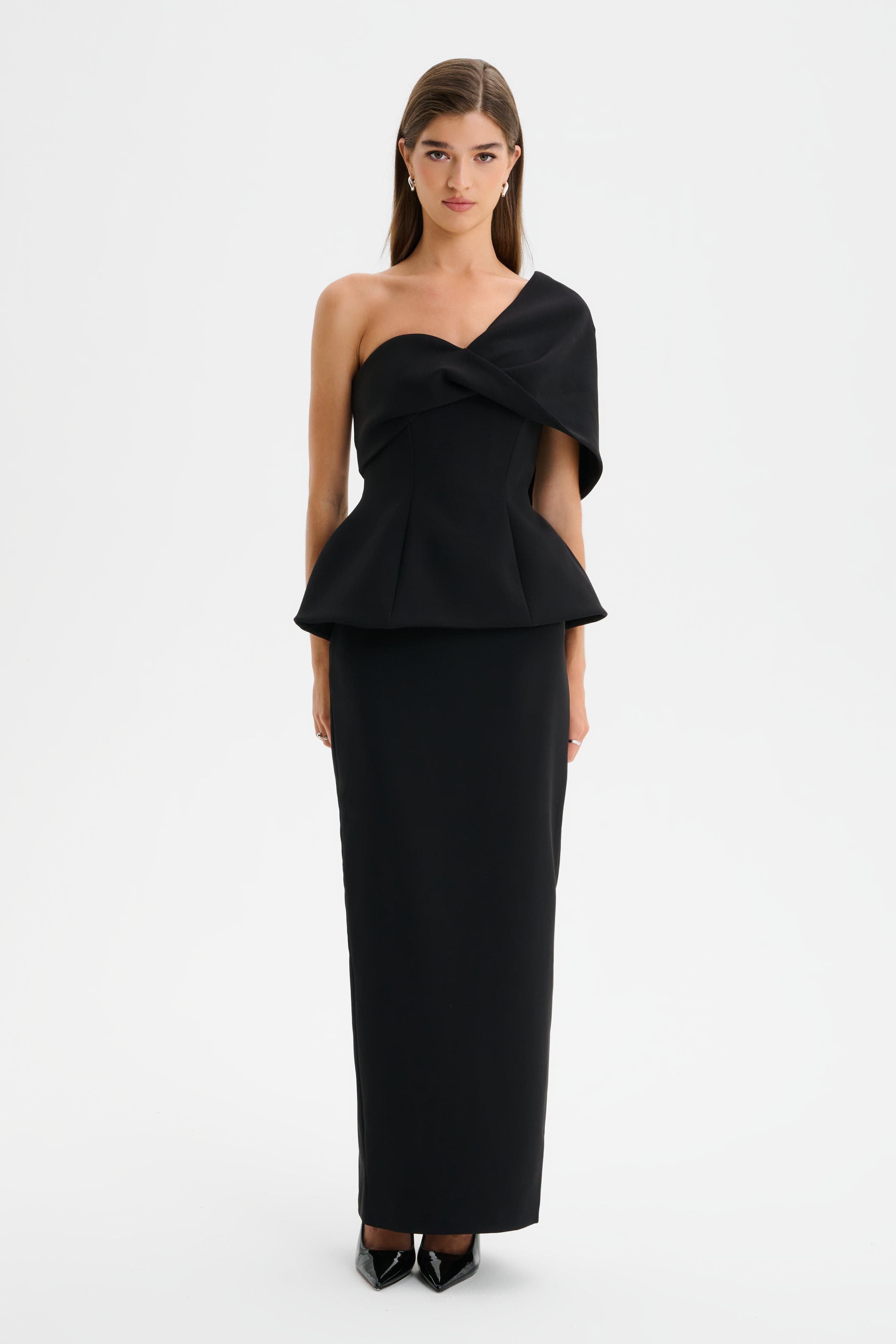 GIOVANNA Twisted Cape Shoulder Maxi Dress in Black