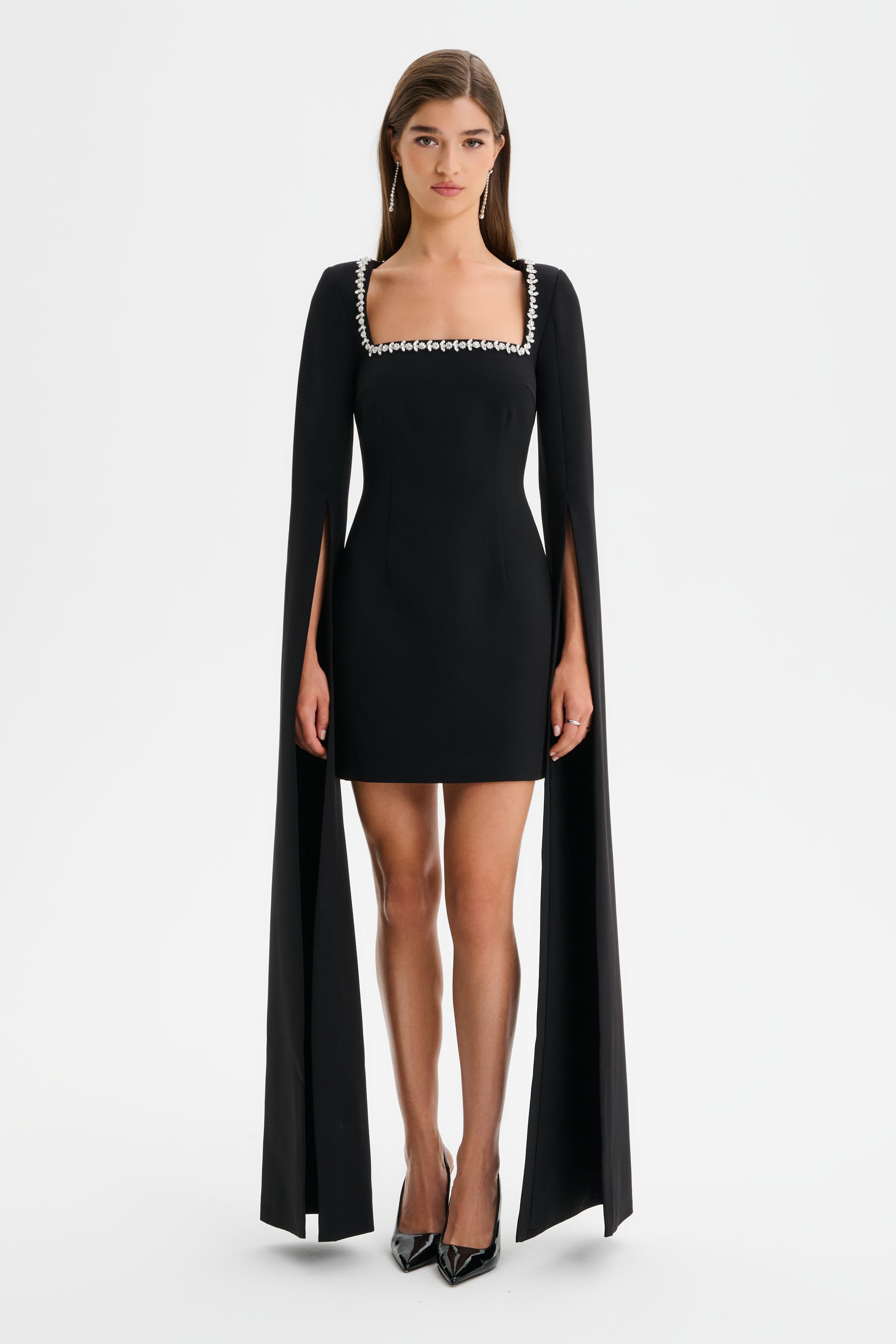 TILLY Square Neck Embellished Cape Sleeve Mini Dress in Black