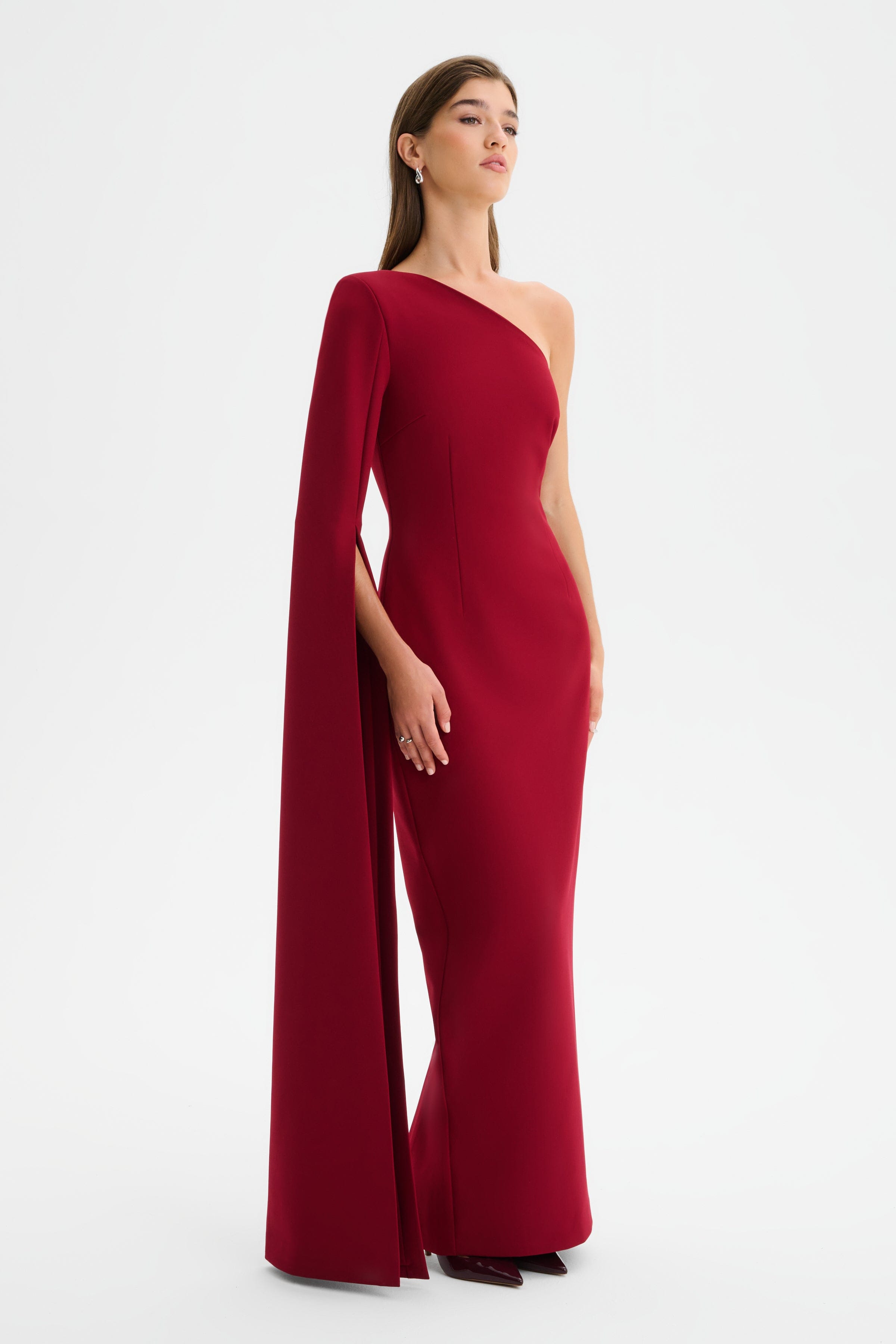 PHOEBE One Shoulder Cape Sleeve Maxi Dress in Burgundy